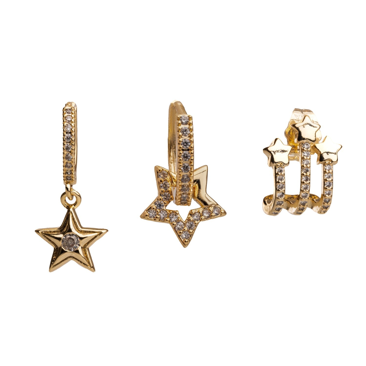 Trio Gold & Diamond Sparkly Star Earrings - Gold