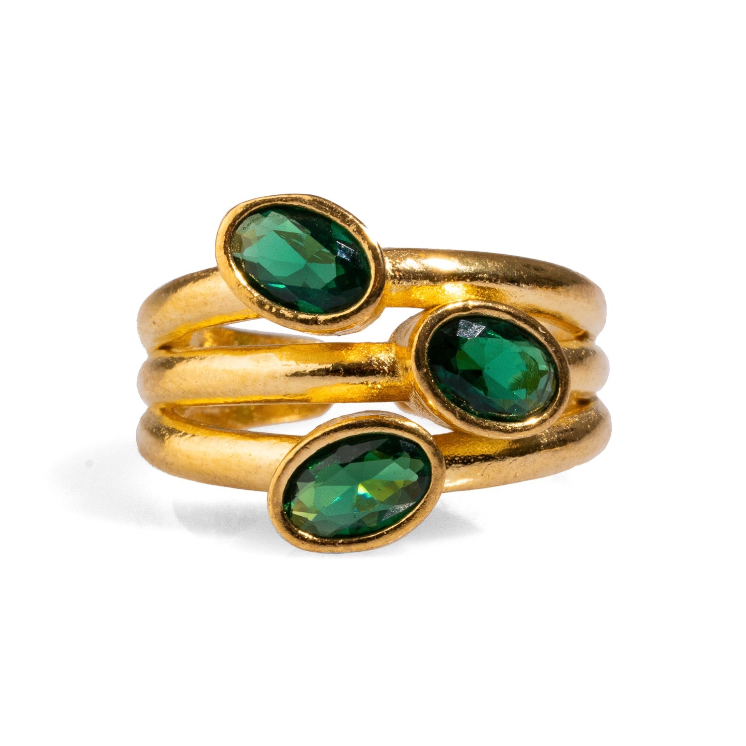 Trio Jade Stone & Gold Stylish Adjustable Cocktail Ring - Green
