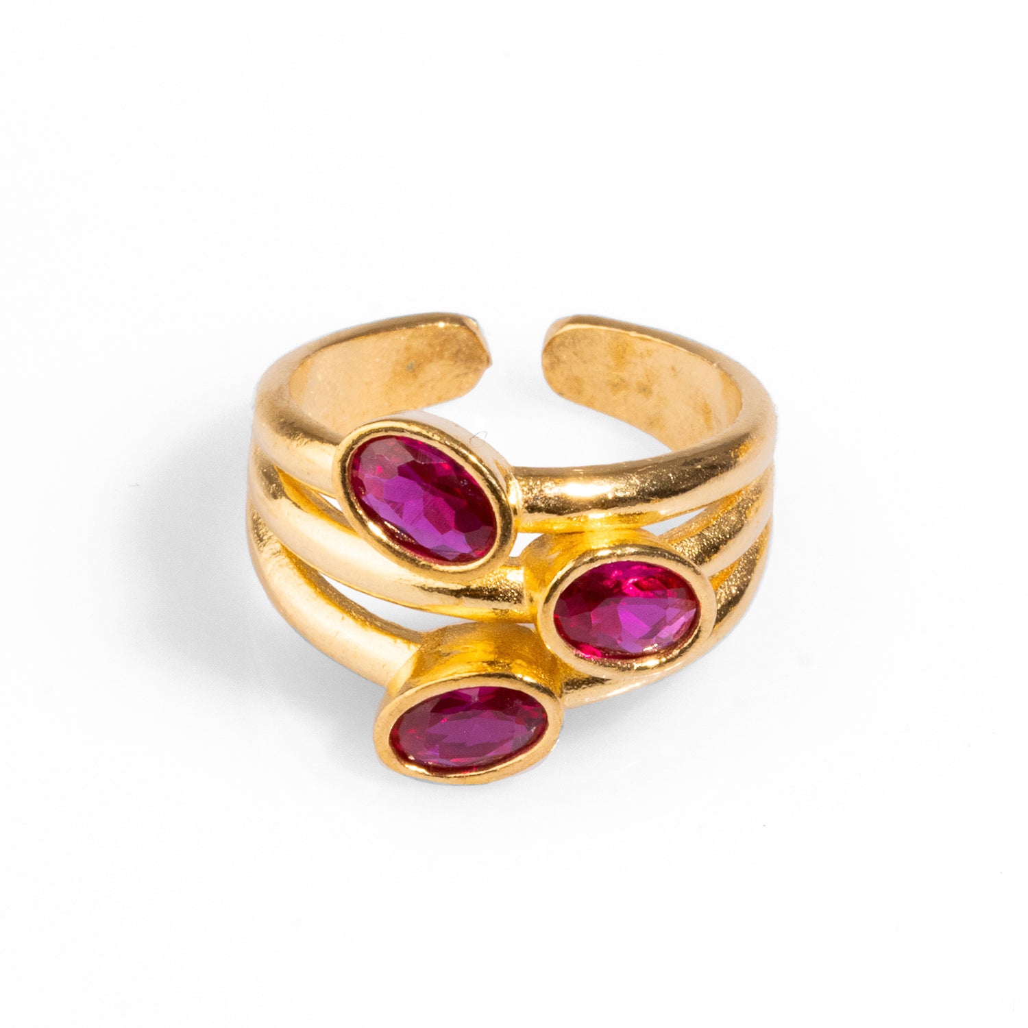 Trio Ruby Gemstone & Gold Stylish Adjustable Cocktail Ring - Pink
