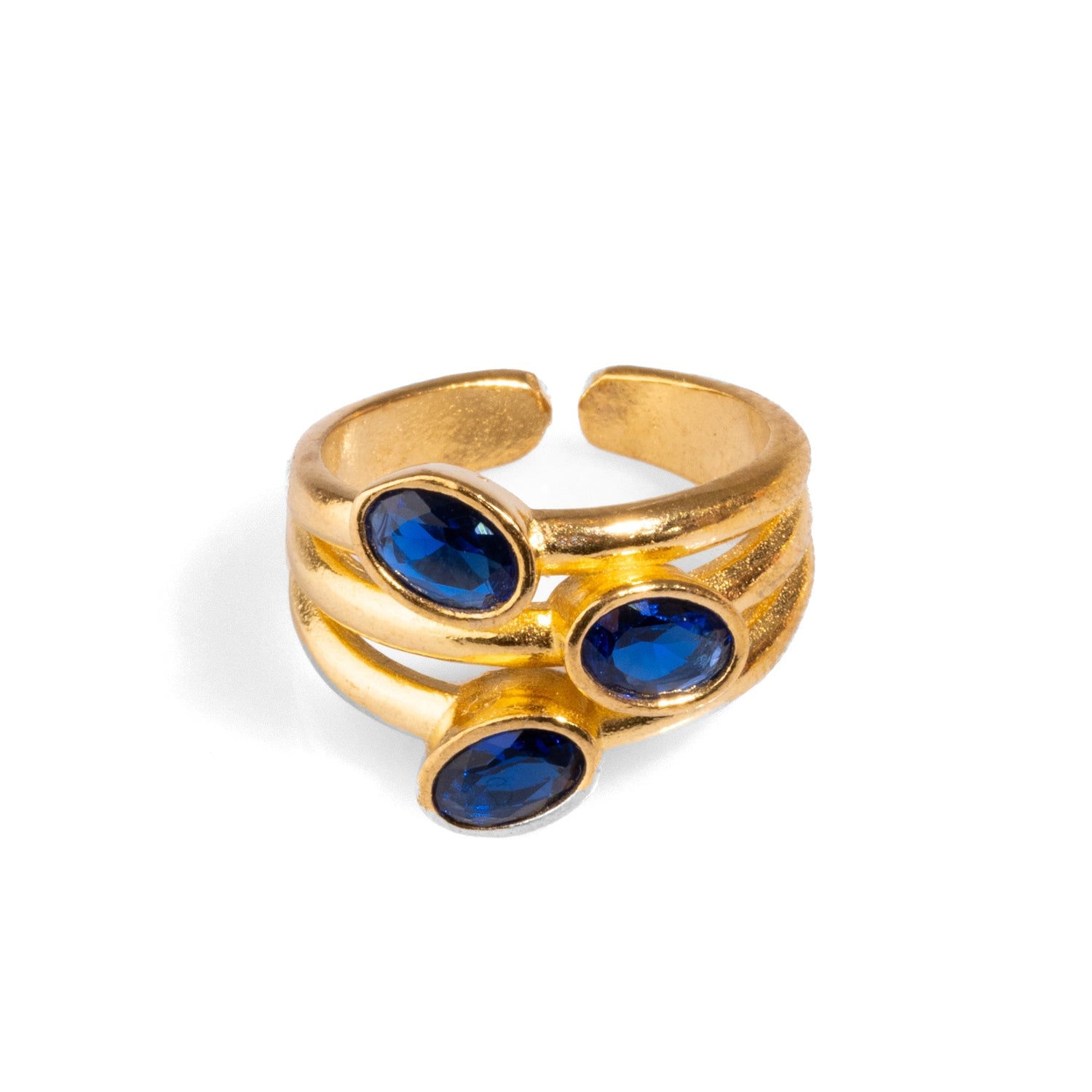 Trio Sapphire Gemstone & Gold Stylish Adjustable Cocktail Ring - Navyblue