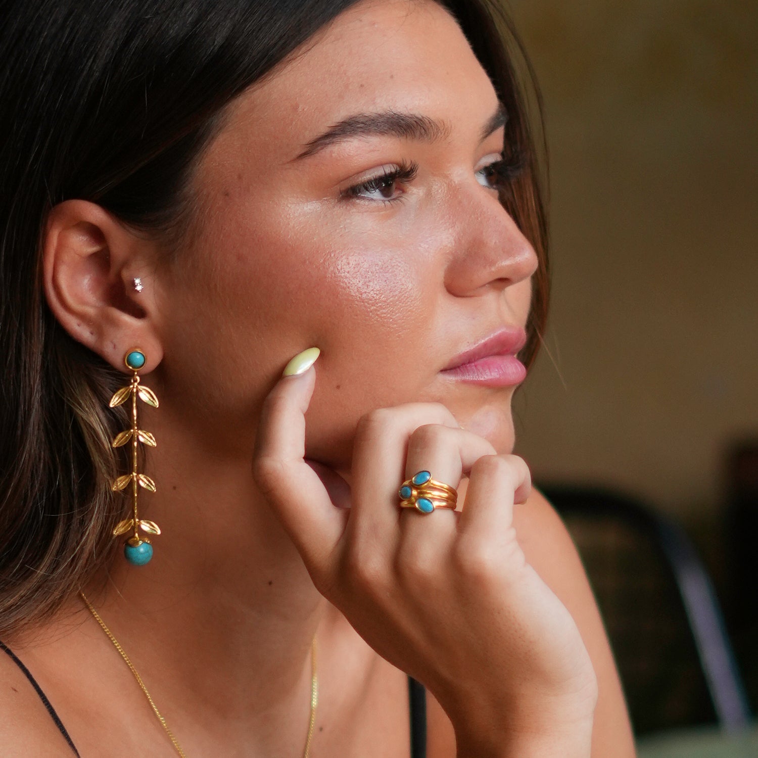 Trio Turquoise Gemstone & Gold Stylish Adjustable Cocktail Ring - Blue