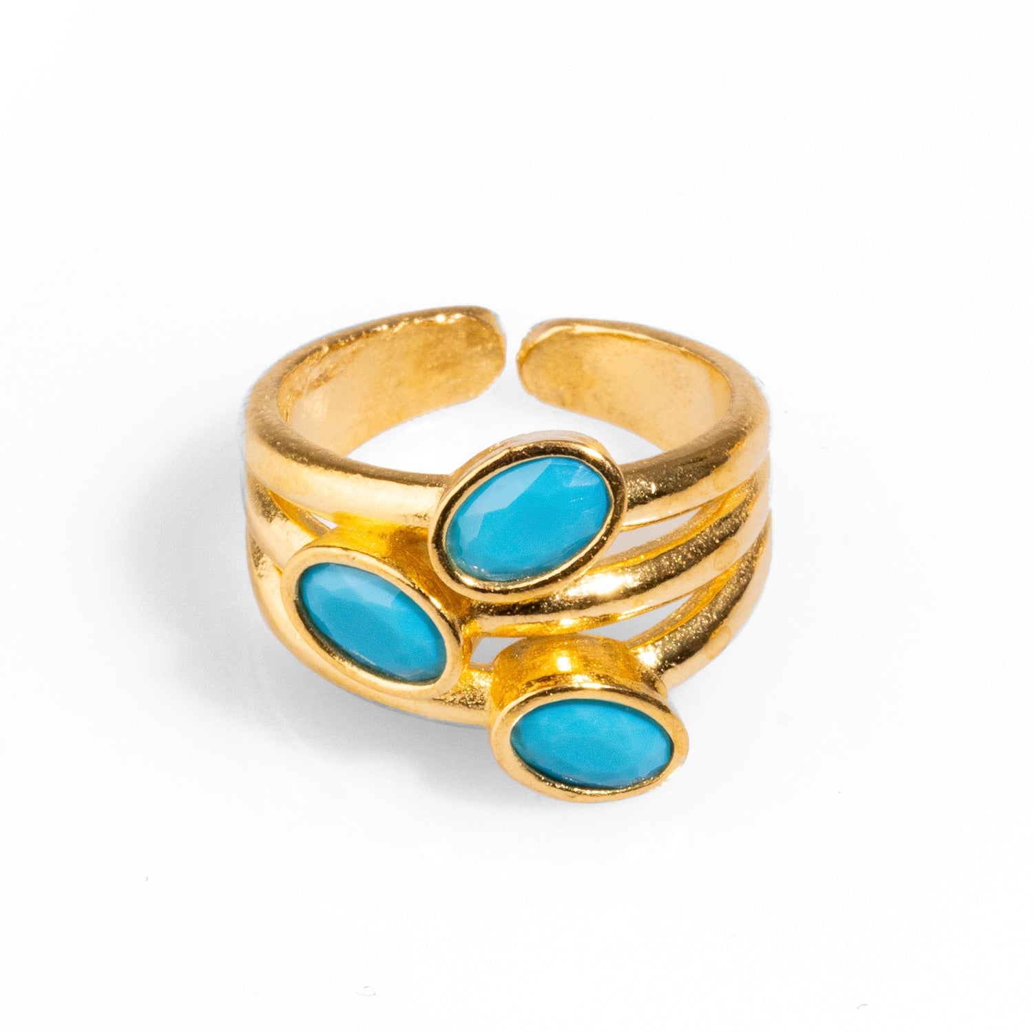 Trio Turquoise Gemstone & Gold Stylish Adjustable Cocktail Ring - Blue