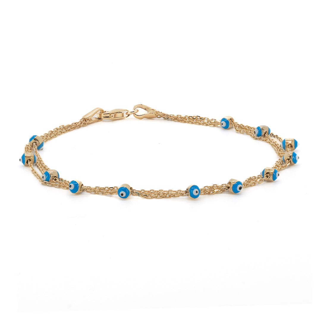 Solid Gold Triple Chain Evil Eye Design Bracelet - Gold