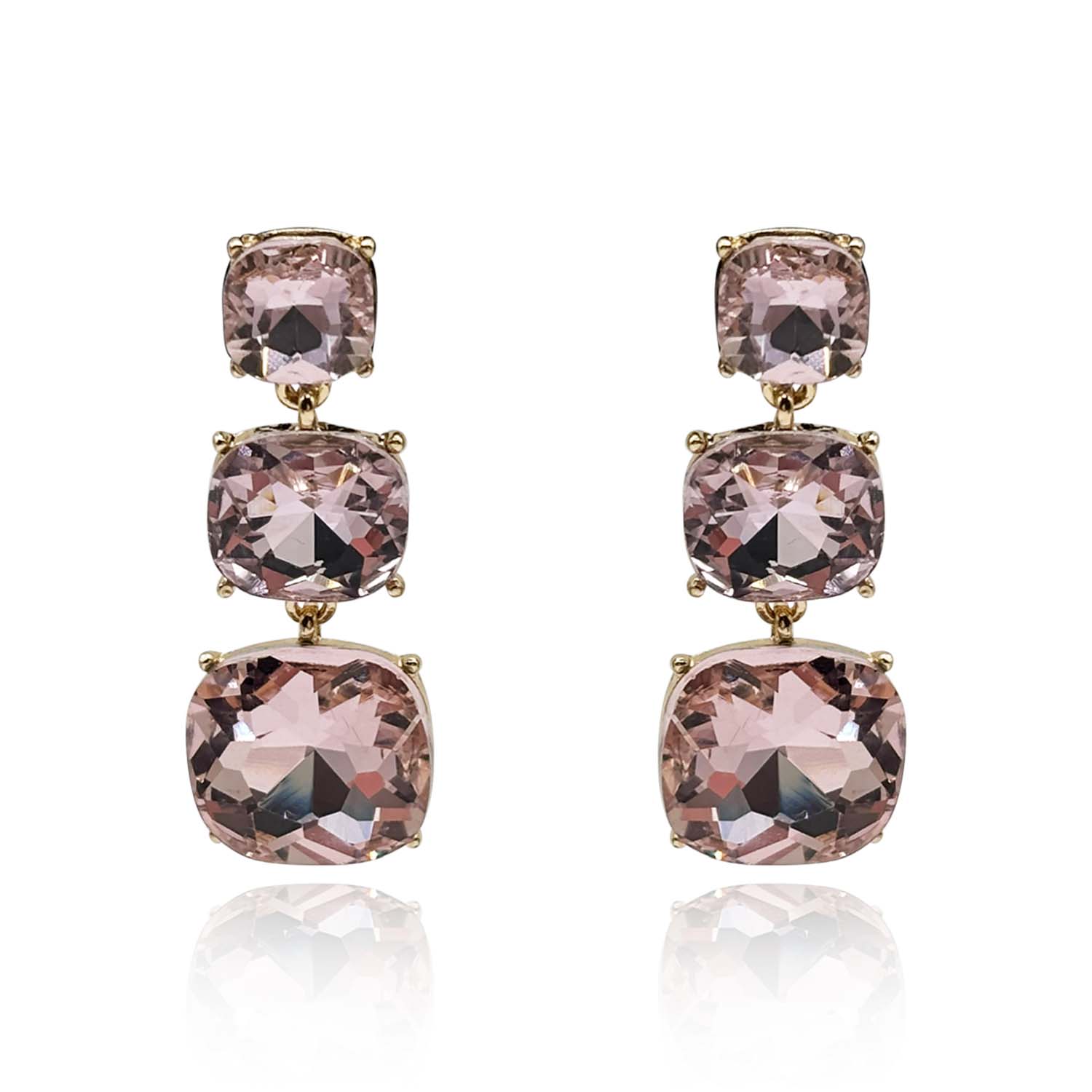 Triple Cushion Shape Light Rose Drop Earrings