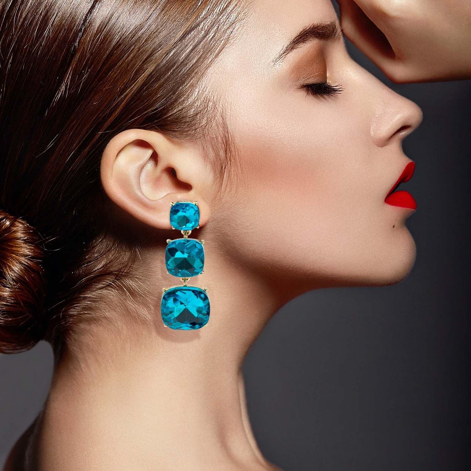 Triple Cushion Shape Teal Drop Earrings