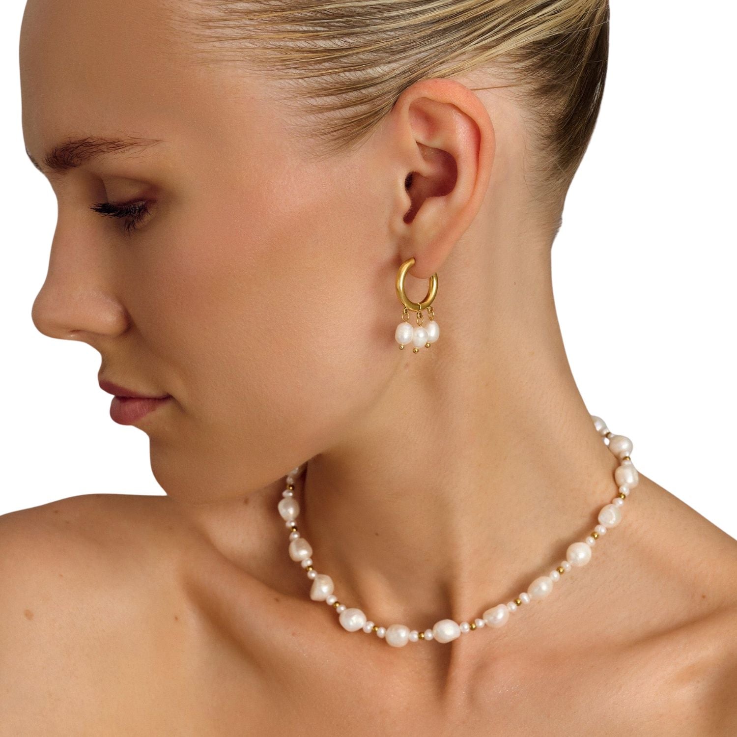 Triple Drop Pearl Hoops In Gold