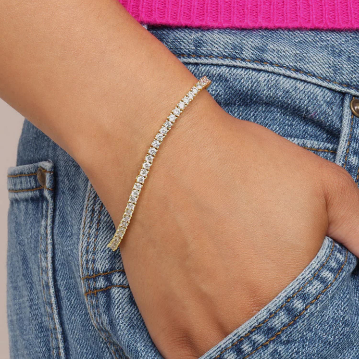 Triple Excellent Cut C.z Tennis Bracelet In Yellow Gold Vermeil