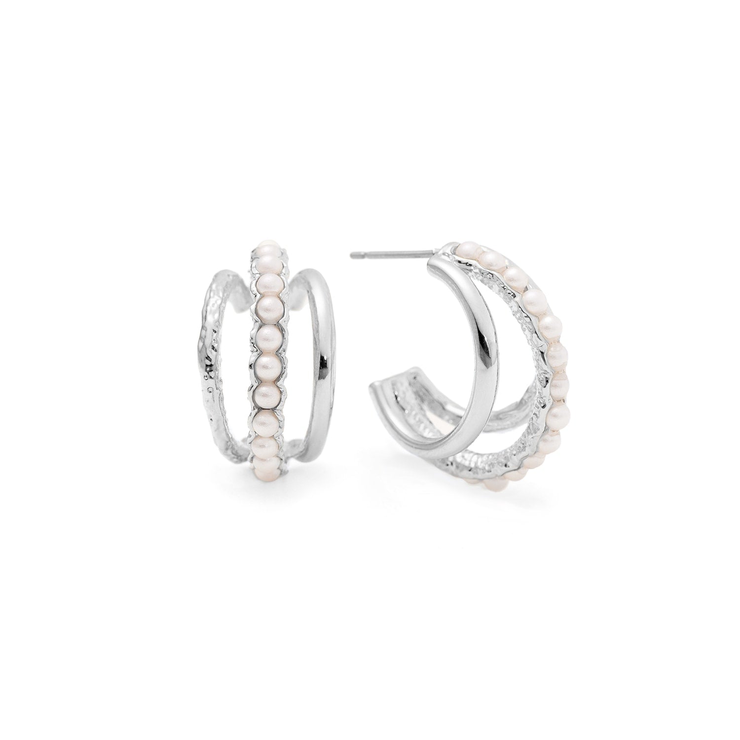 Triple Pearl Hoops Silver