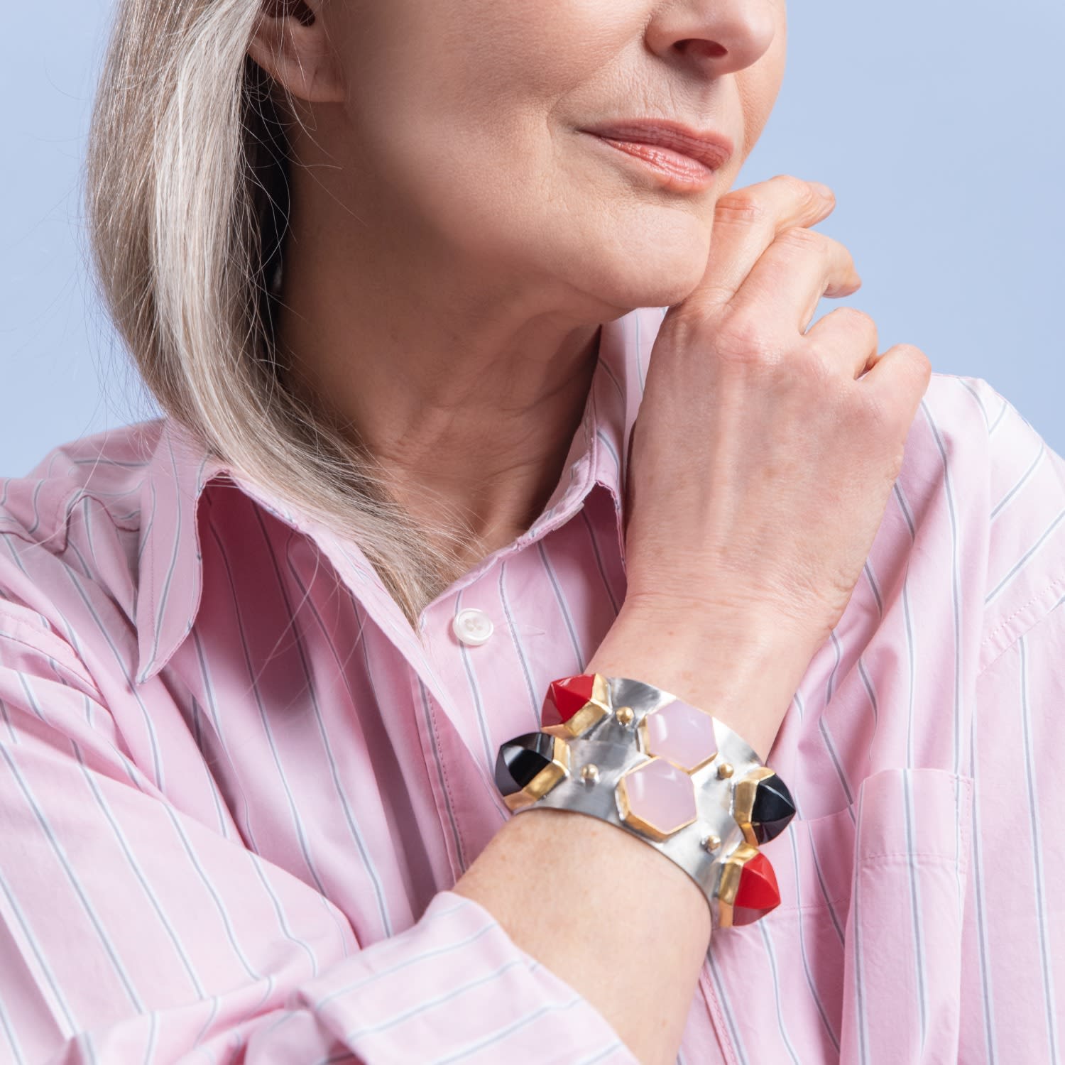 Triple Pink Quartz Dome Silver Cuff Bracelet