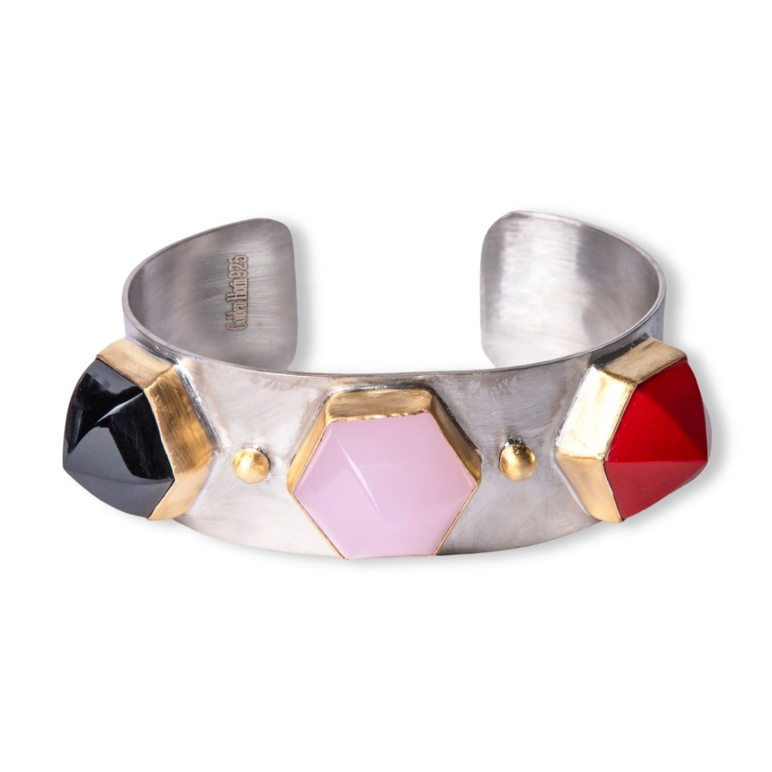 Triple Pink Quartz Dome Silver Cuff Bracelet