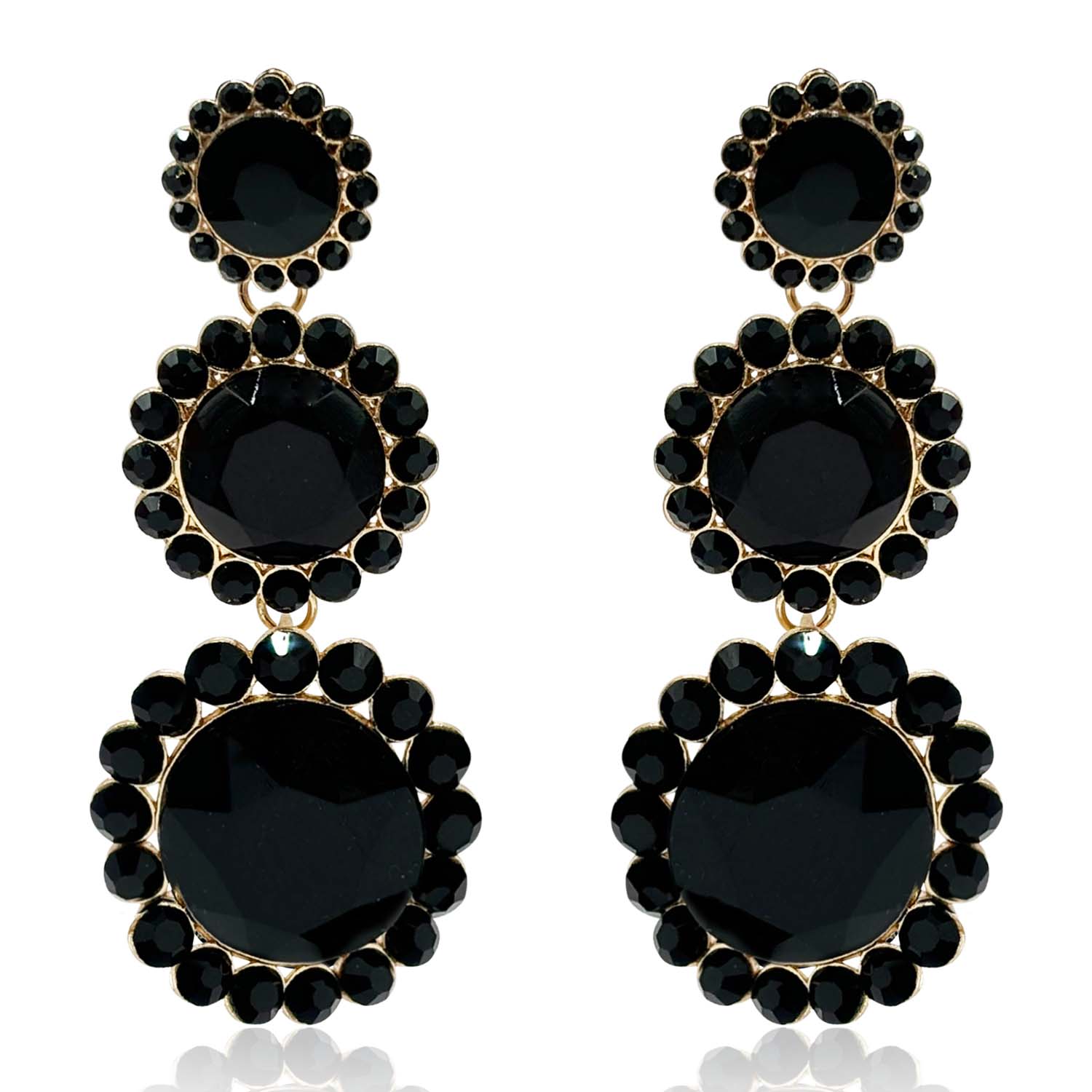Triple Round Crystal Jet Drop Earrings Surrounded By Round Jet Stones