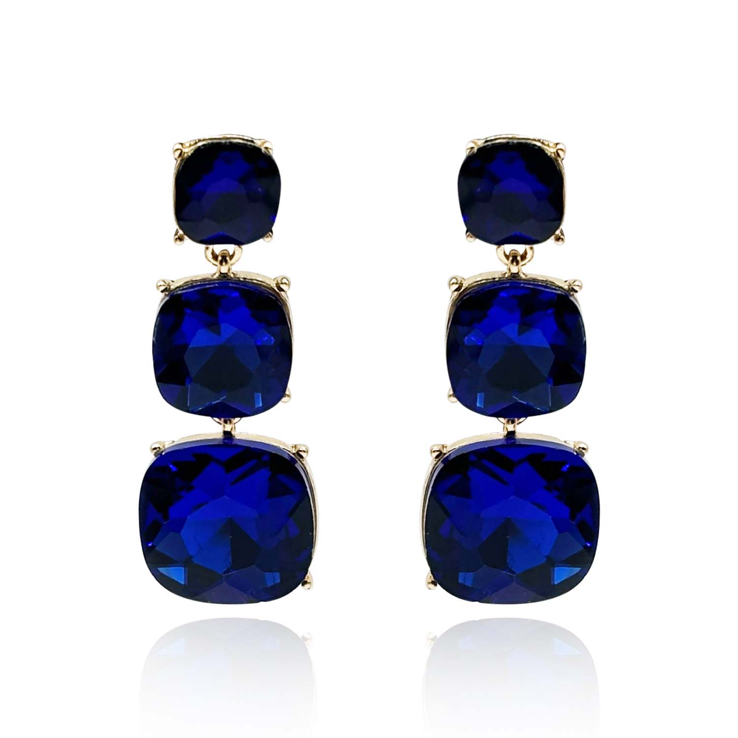 Triple Cushion Shape Sapphire Drop Earrings
