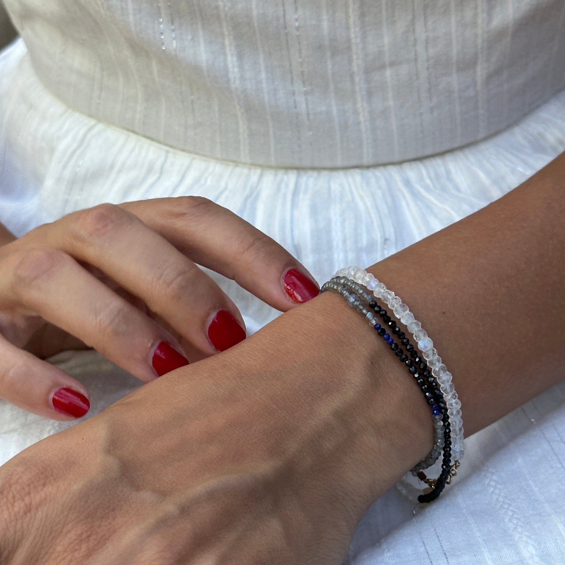 Triple Wrap Monochromatic Moonstone, Labradorite, Spinel Bracelet Or Necklace