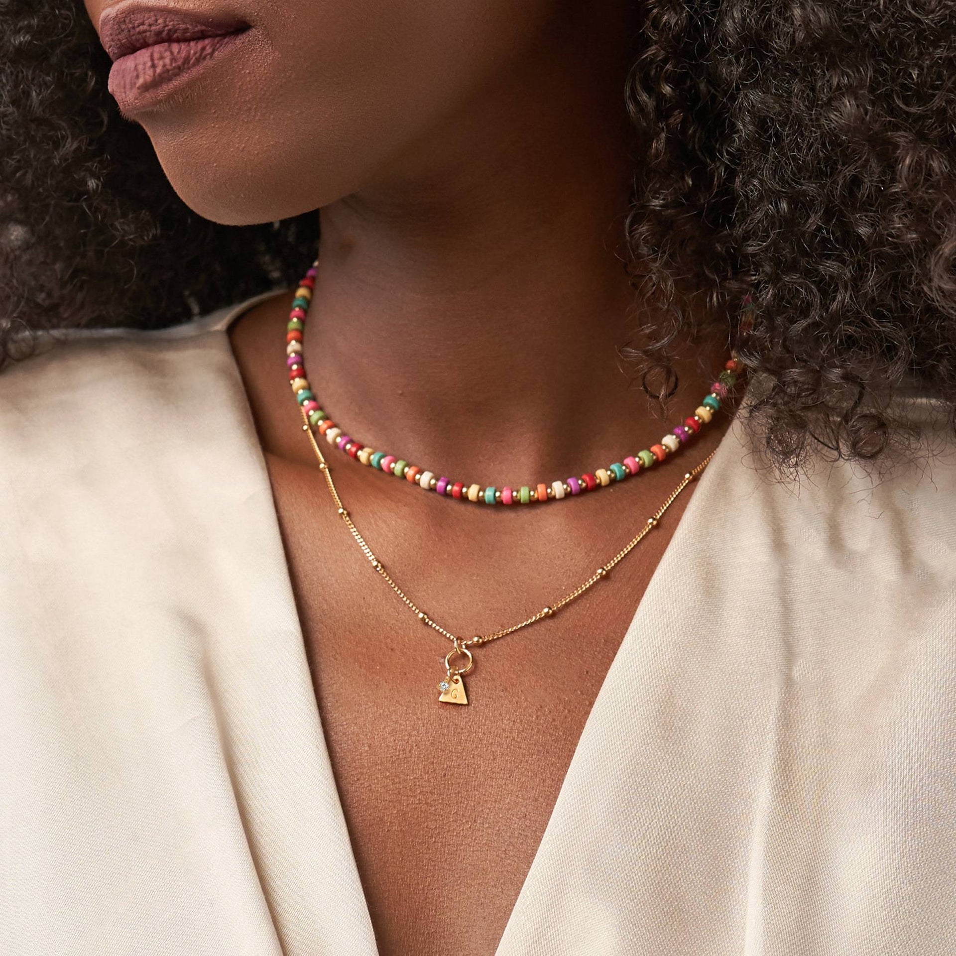Tropical Layered Beads Necklace with Initials and 0.10CT Diamond in Gold Plating