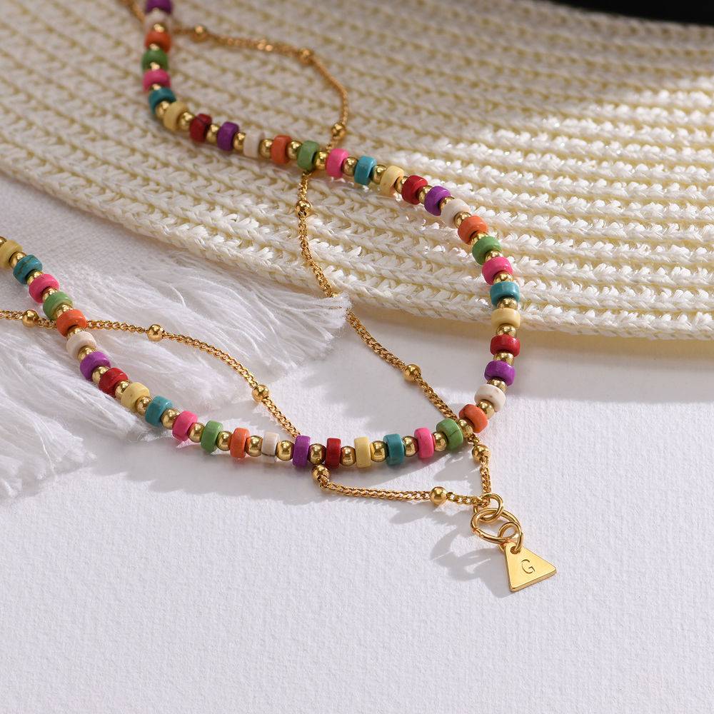 Tropical Layered Beaded Necklace with Initials in Gold Plating