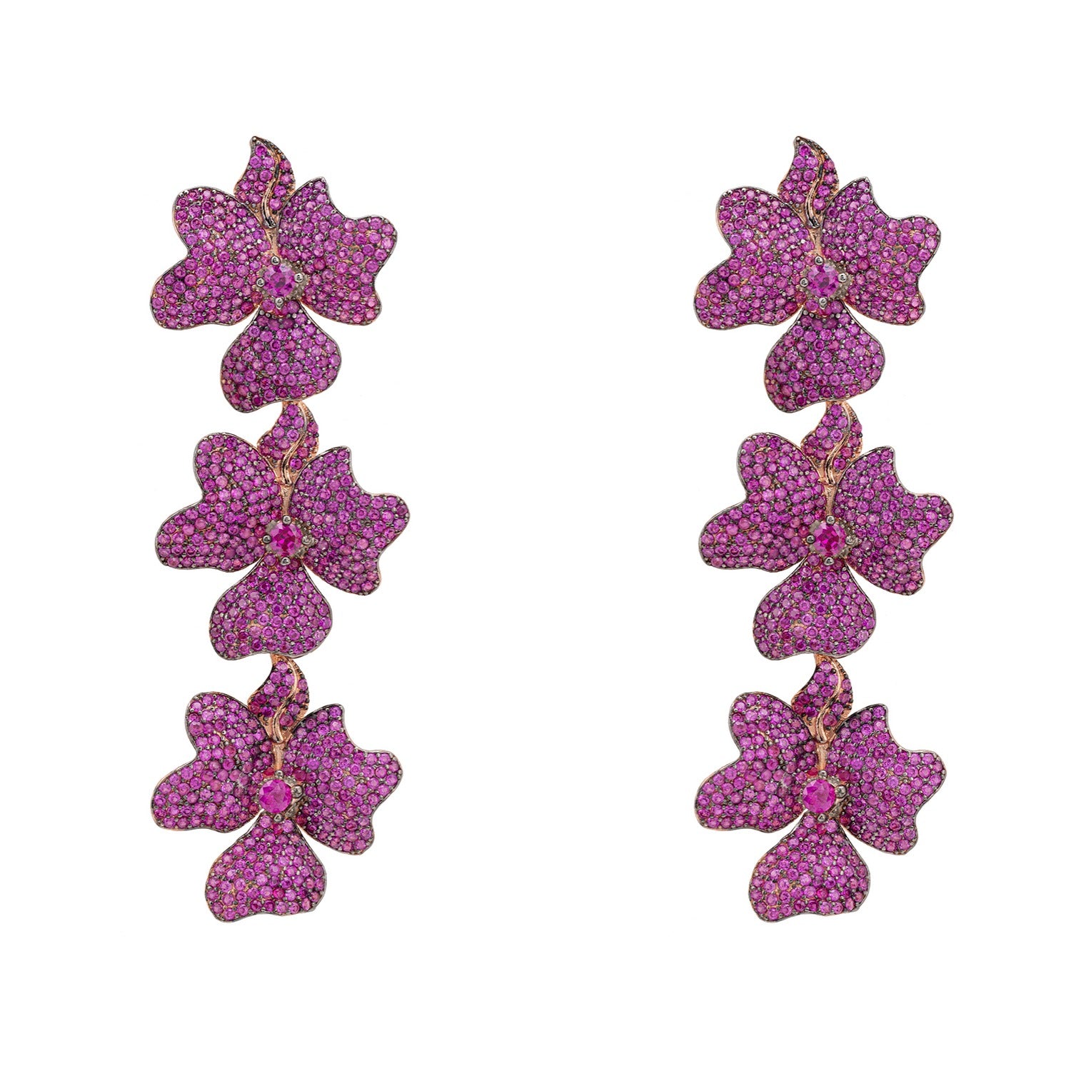 Jasmine Flower Triple Drop Earrings Rosegold Ruby