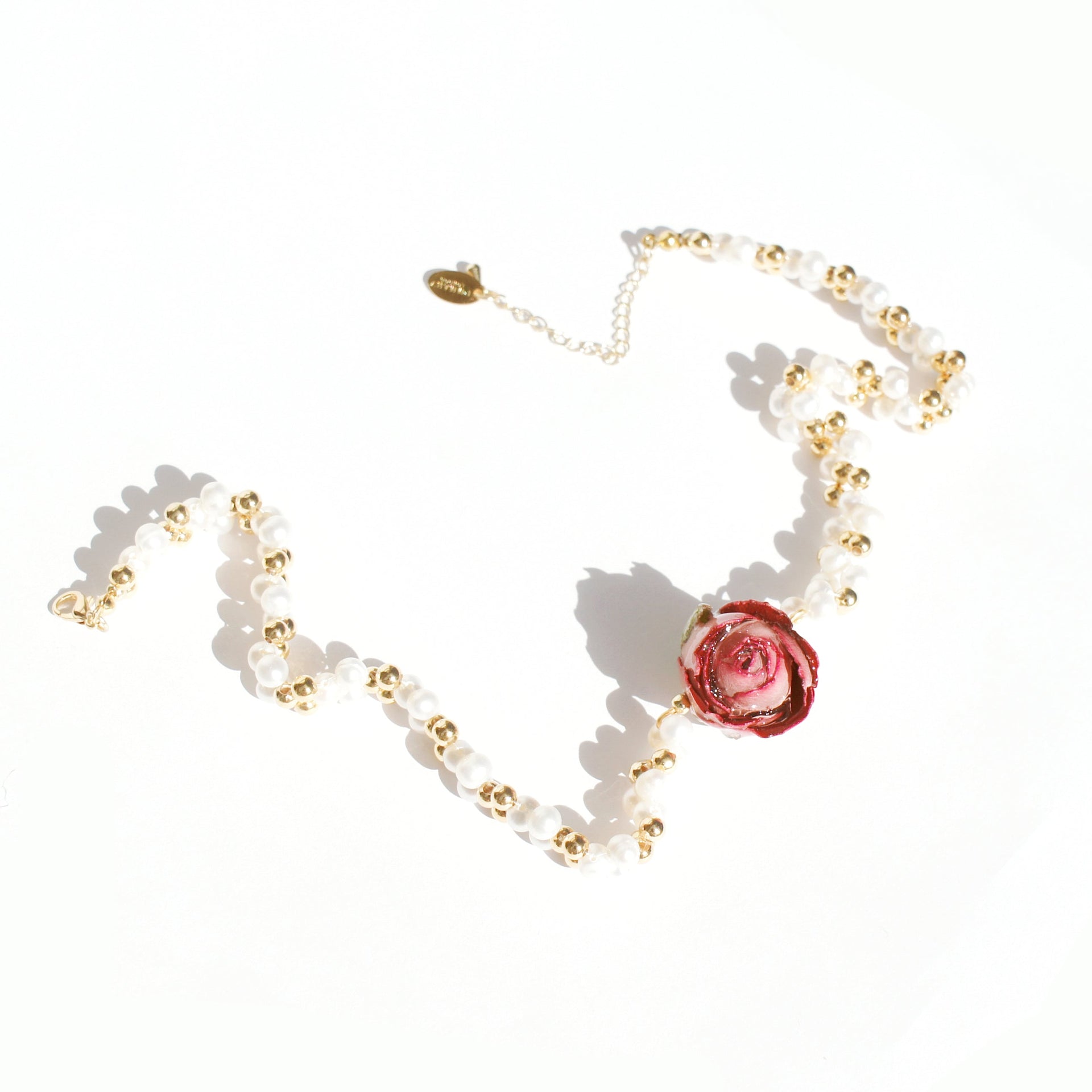 Real Flower Bella Rosa Braided Freshwater Pearl Choker Necklace With Pink Rose