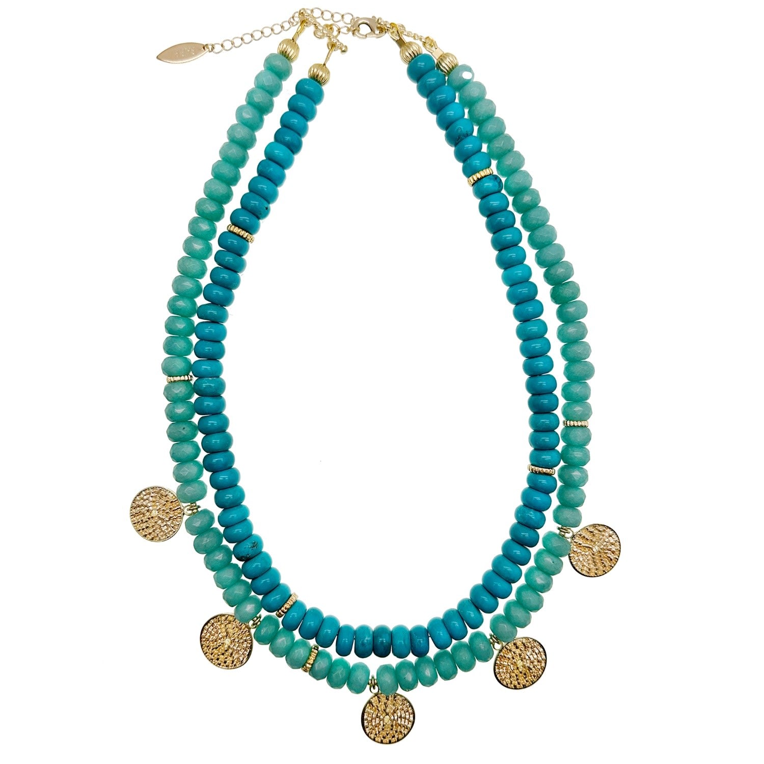 Turquoise & Amazonite Double Strands Coin Charm Statement Necklace