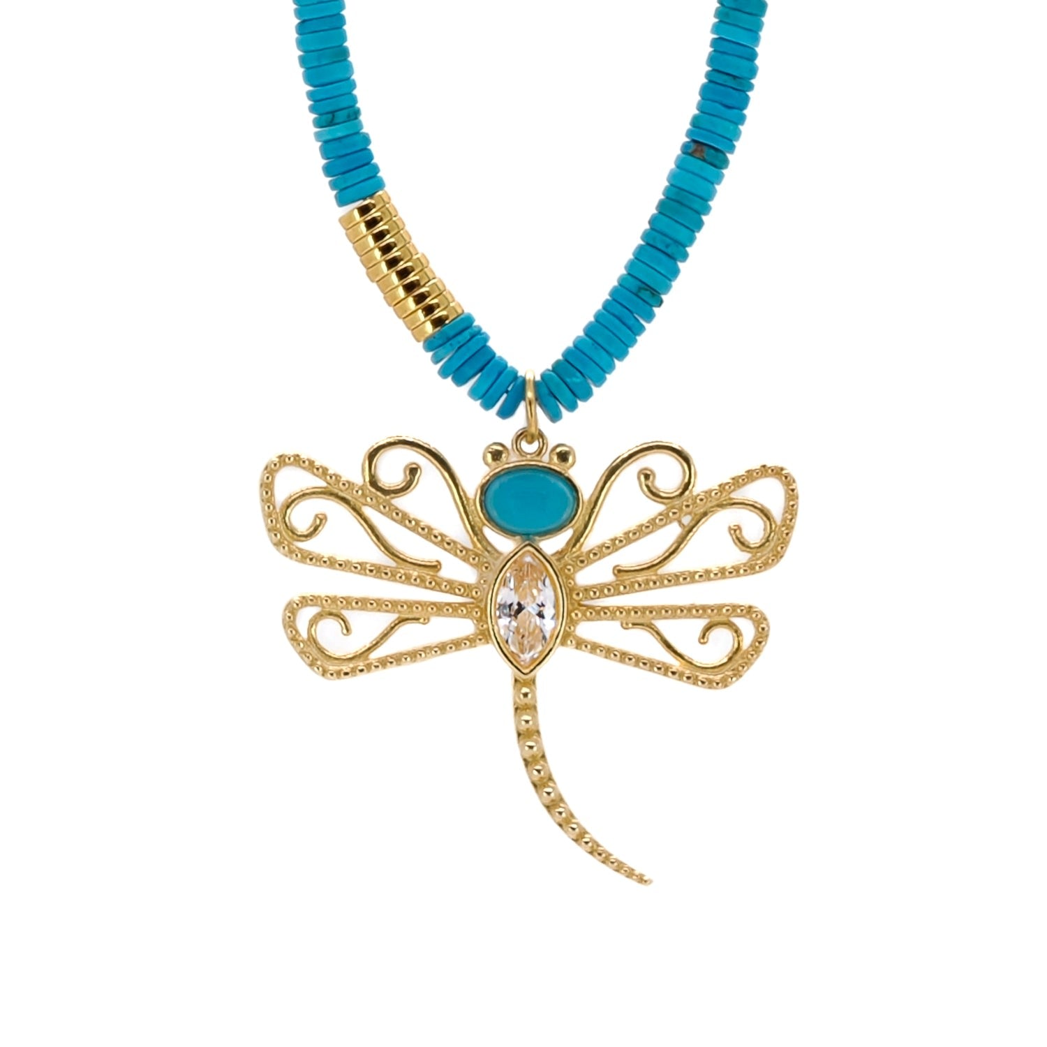 Turquoise Beaded Gold Spiritual Dragonfly Pendant Necklace - Gold