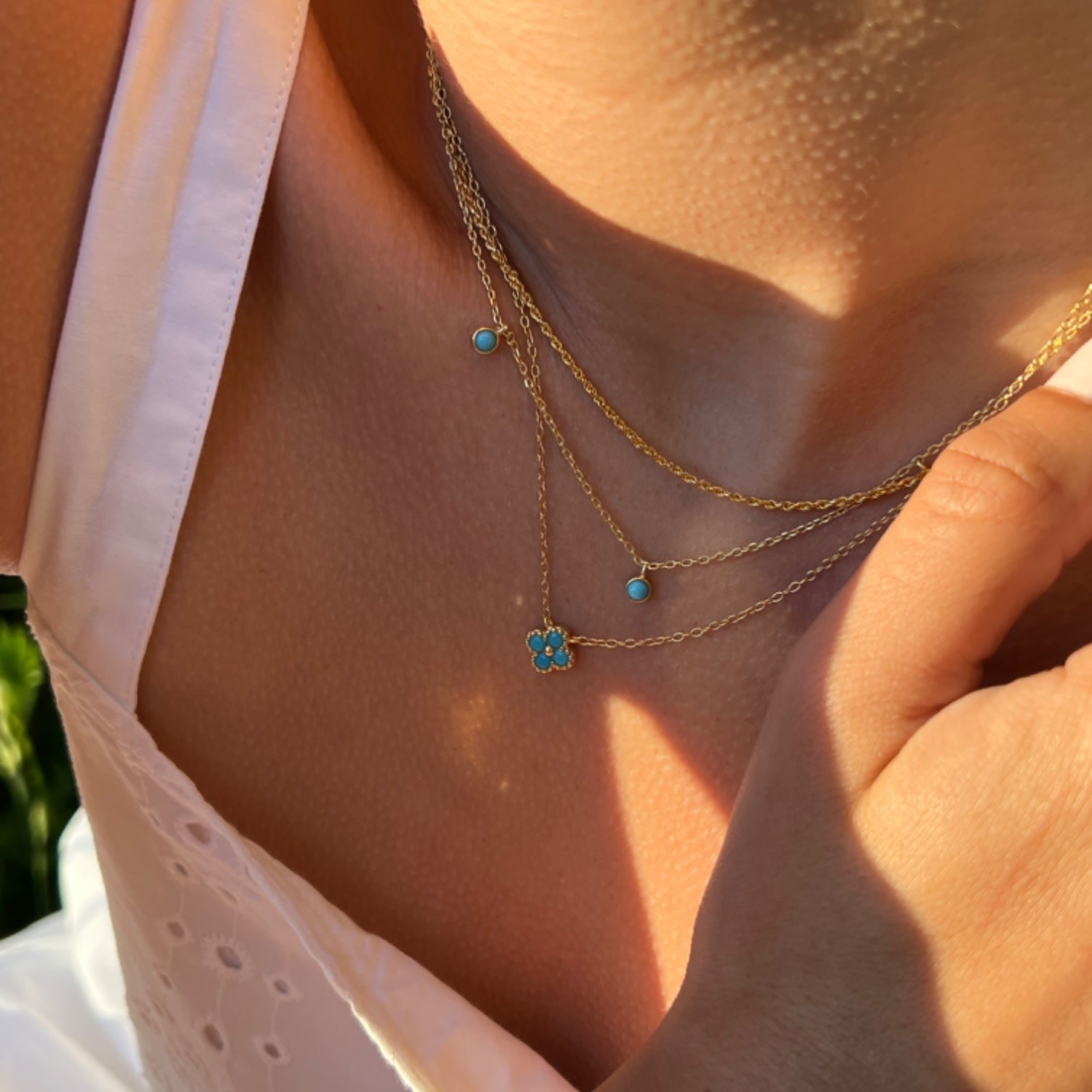 Turquoise Mini Clover Flower Pendant Gold Necklace