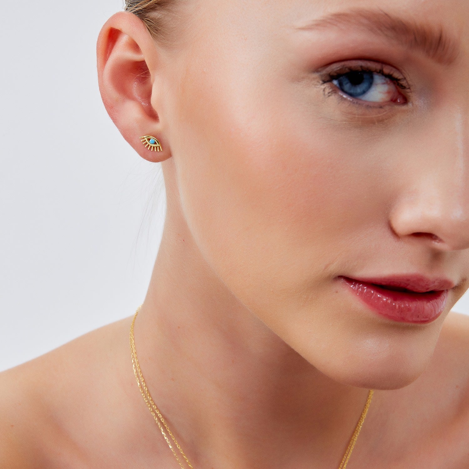 Turquoise Bleu Eye Stud Earring Sterling Silver - Gold