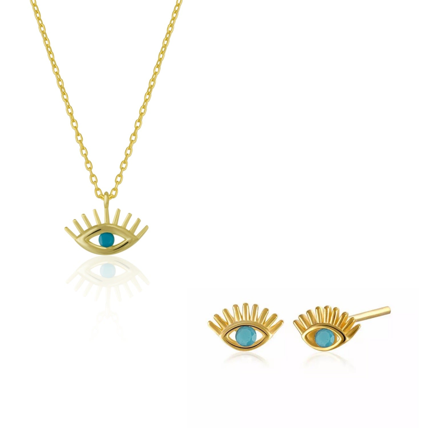 Turquoise Blue Eye Evil Eye Sterling Silver Necklace & Earring Set - Gold