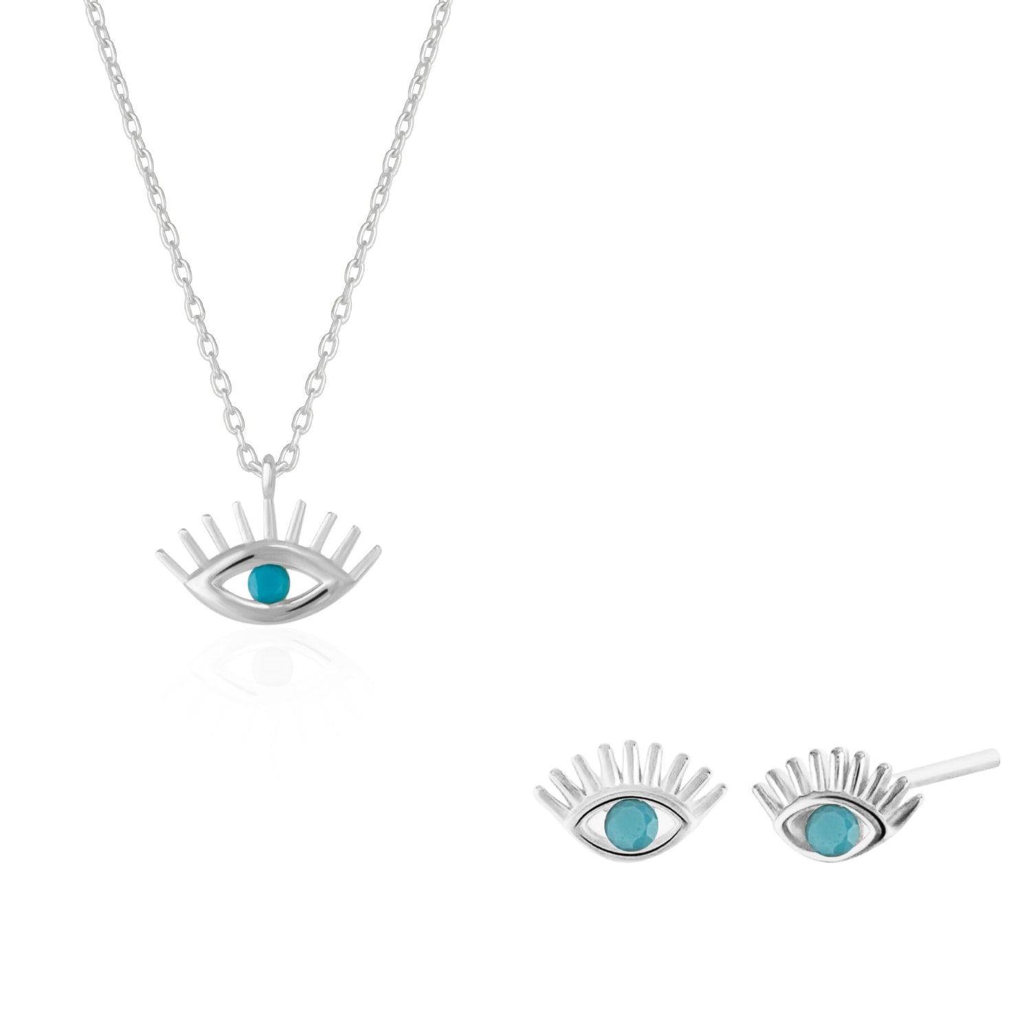 Turquoise Blue Eye Evil Eye Sterling Silver Necklace & Earring Set - Silver