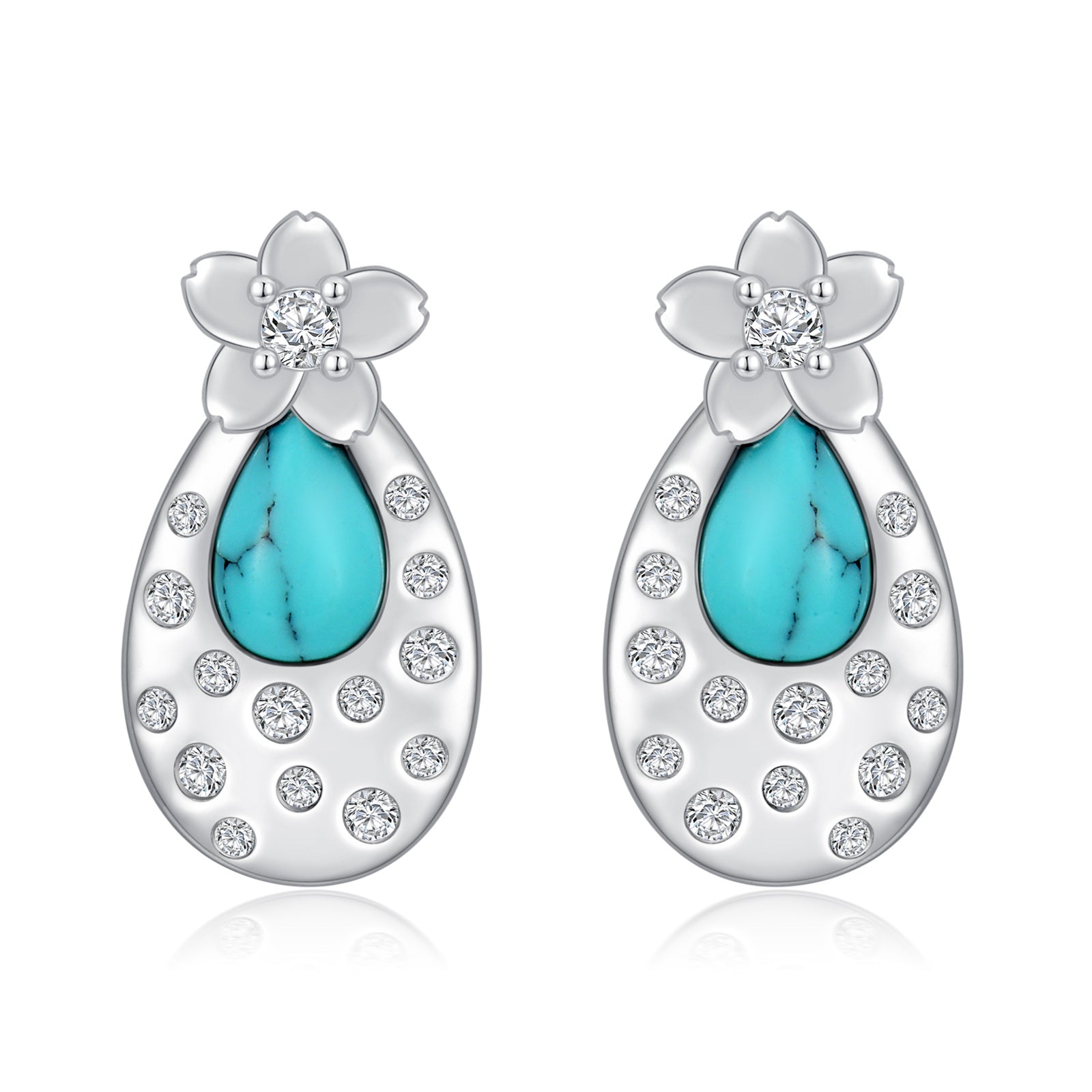 Sterling Silver Oval Shaped Turquoise Peach Blossom Stud Earrings