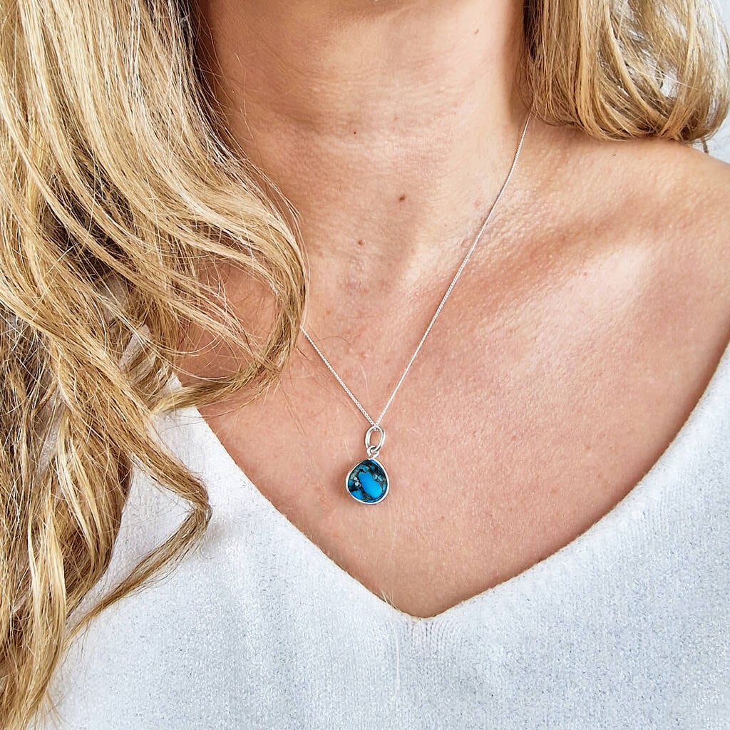 Blue Turquoise December Birthstone Sterling Silver Heart Charm Necklace