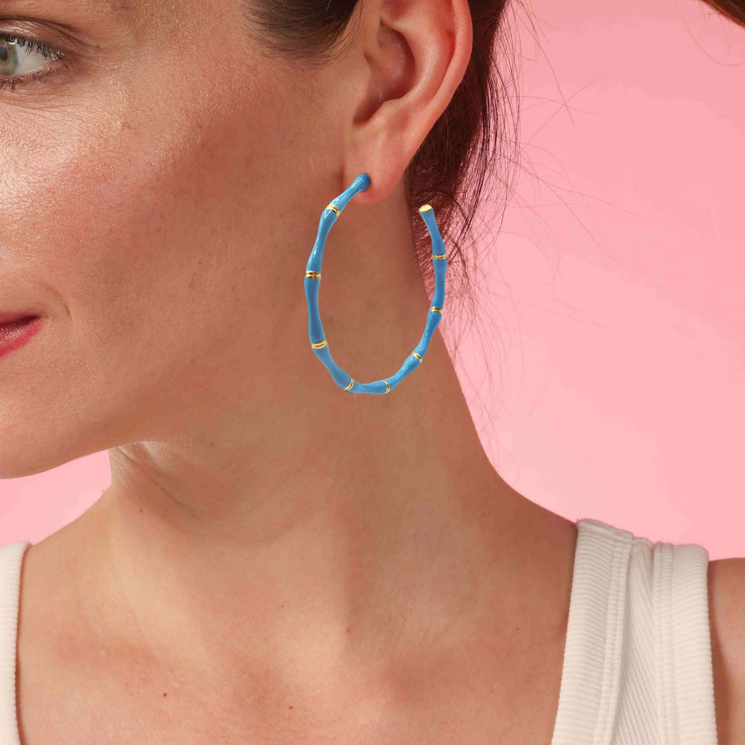 Turquoise Enamel And Gold Plated Bamboo Earrings