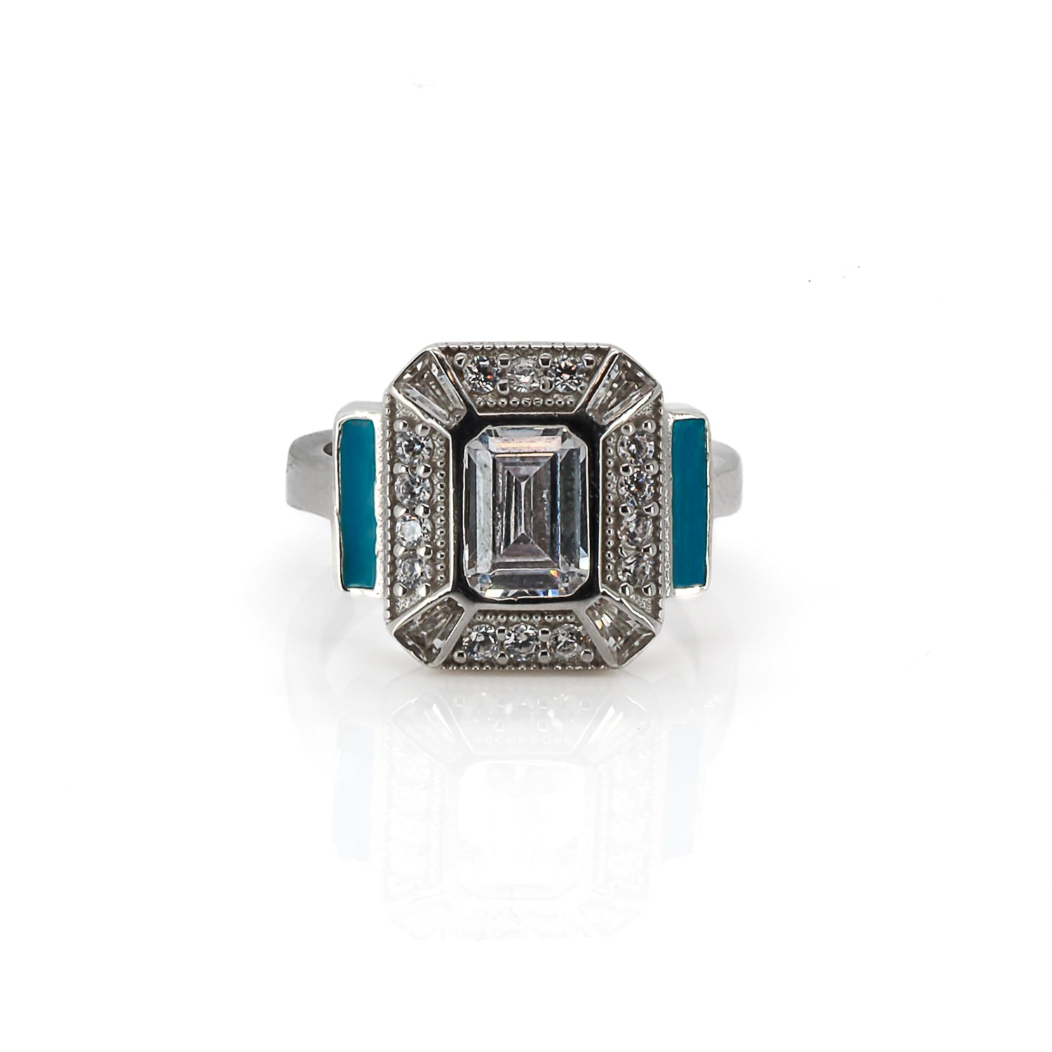 Sterling Silver Pave Diamond & Turquoise Enamel Ring - Silver