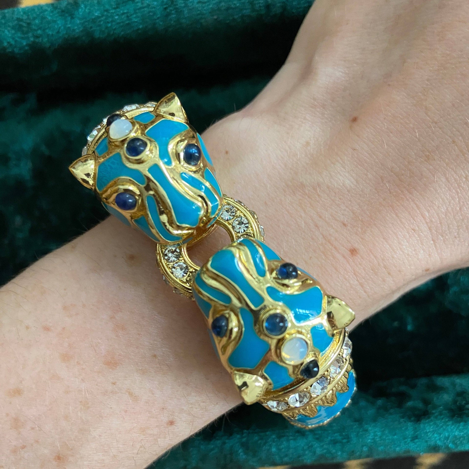 Turquoise Enamel Double Panther Bracelet