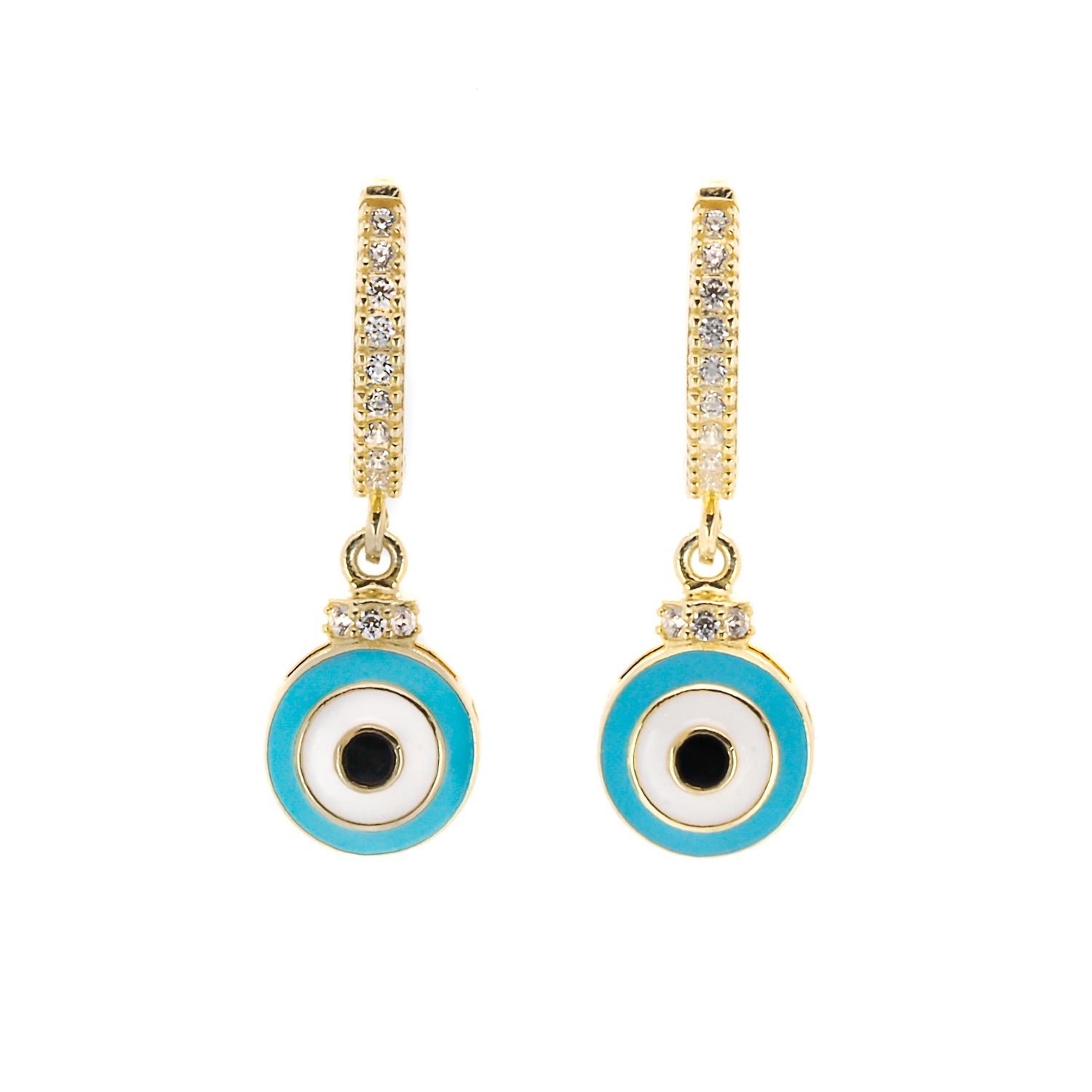 Turquoise Enamel Diamond Hoop Evil Eye Earrings - Turquoise