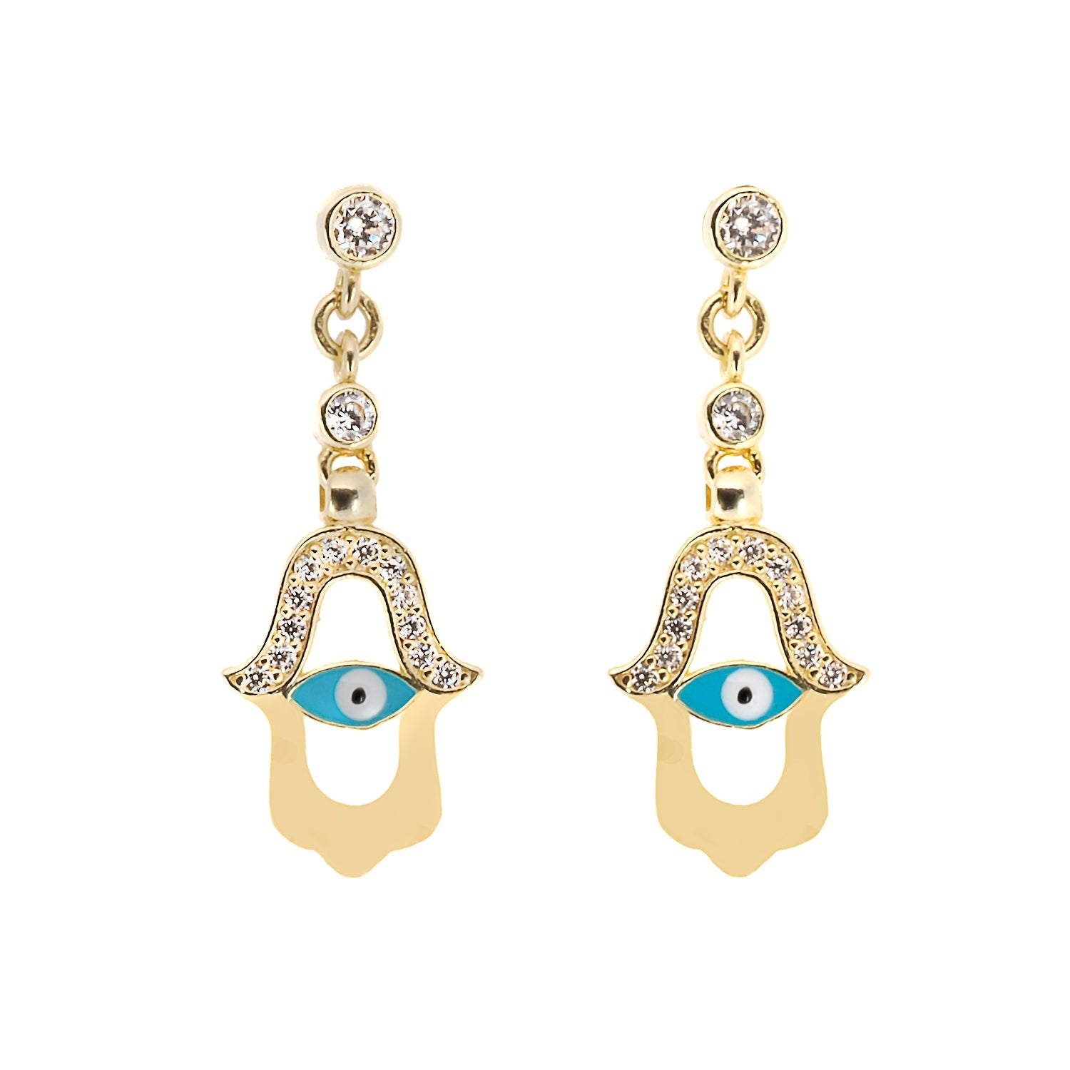 Turquoise Enamel Evil Eye Gold Plated Hamsa Earrings - Gold