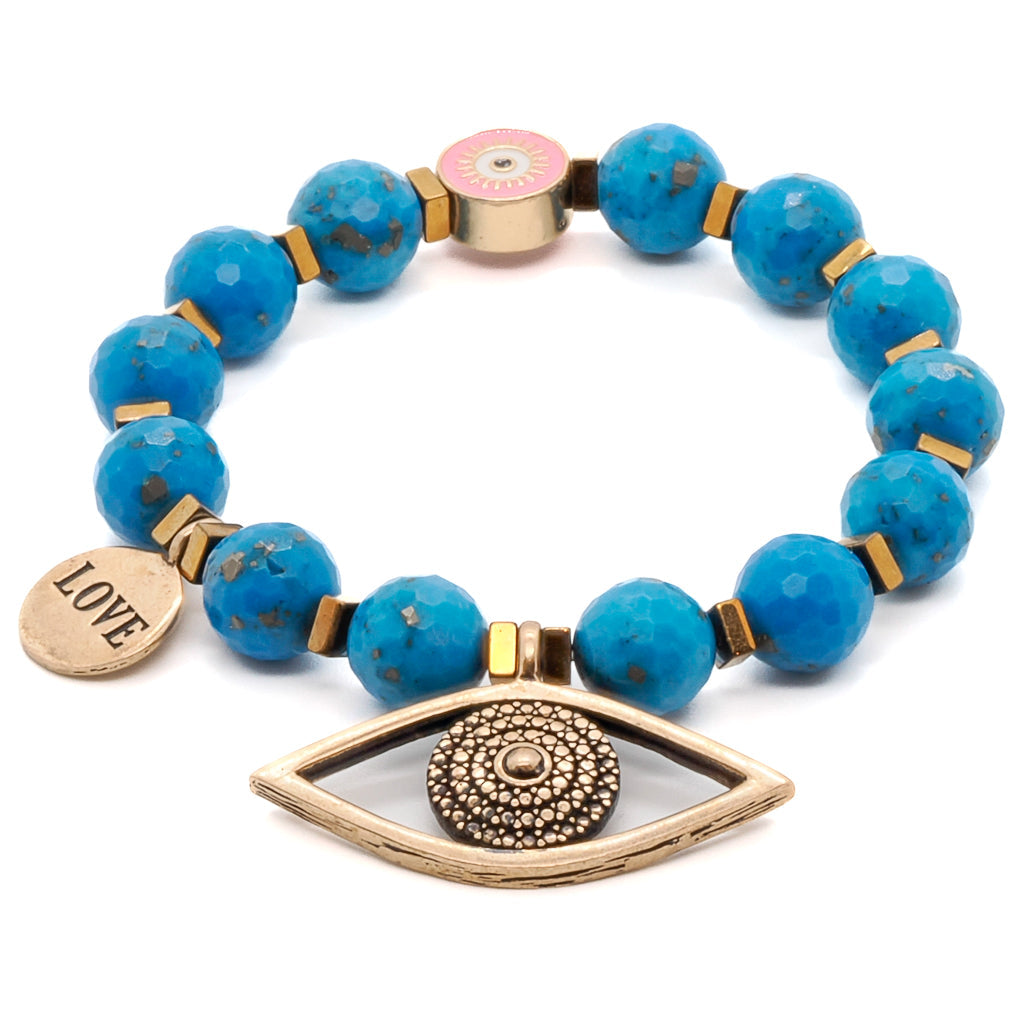 Turquoise Stone Evil Eye Charm Beaded Love Bracelet - Blue