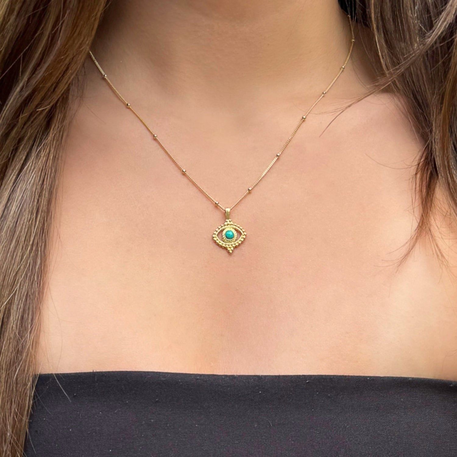 Turquoise Evil Eye Pendant Stylish Gold Chain Necklace - Turquoise