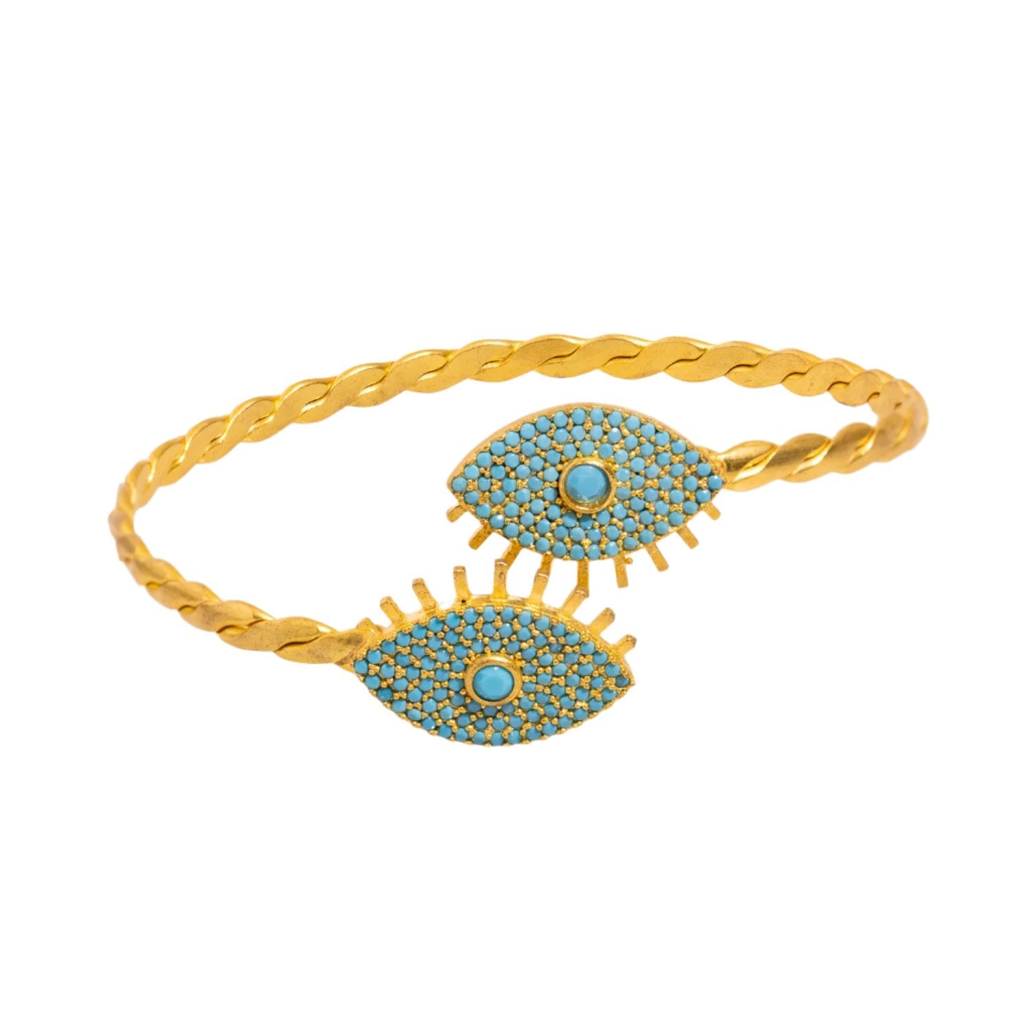 Turquoise Evil Eye Twisted Gold Design Cuff Bracelet - Turquoise