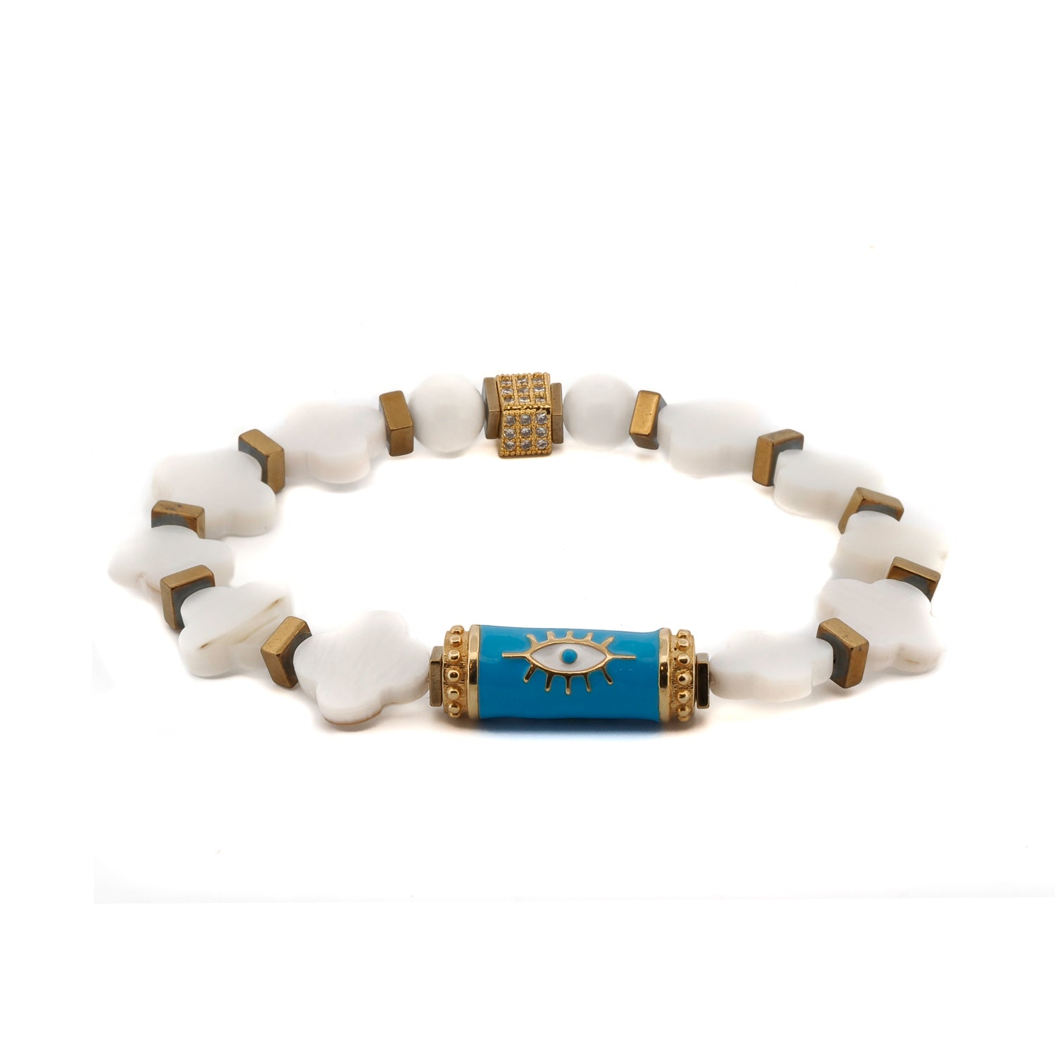 Turquoise Evil Eye White Clover Luck Beaded Bracelet