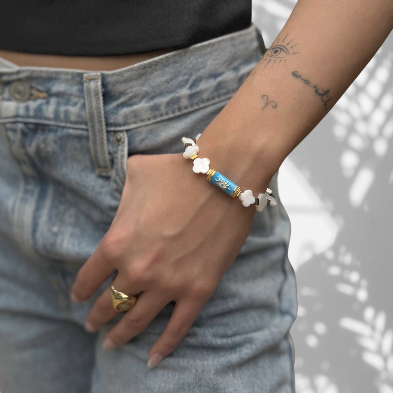 Turquoise Evil Eye White Clover Luck Beaded Bracelet