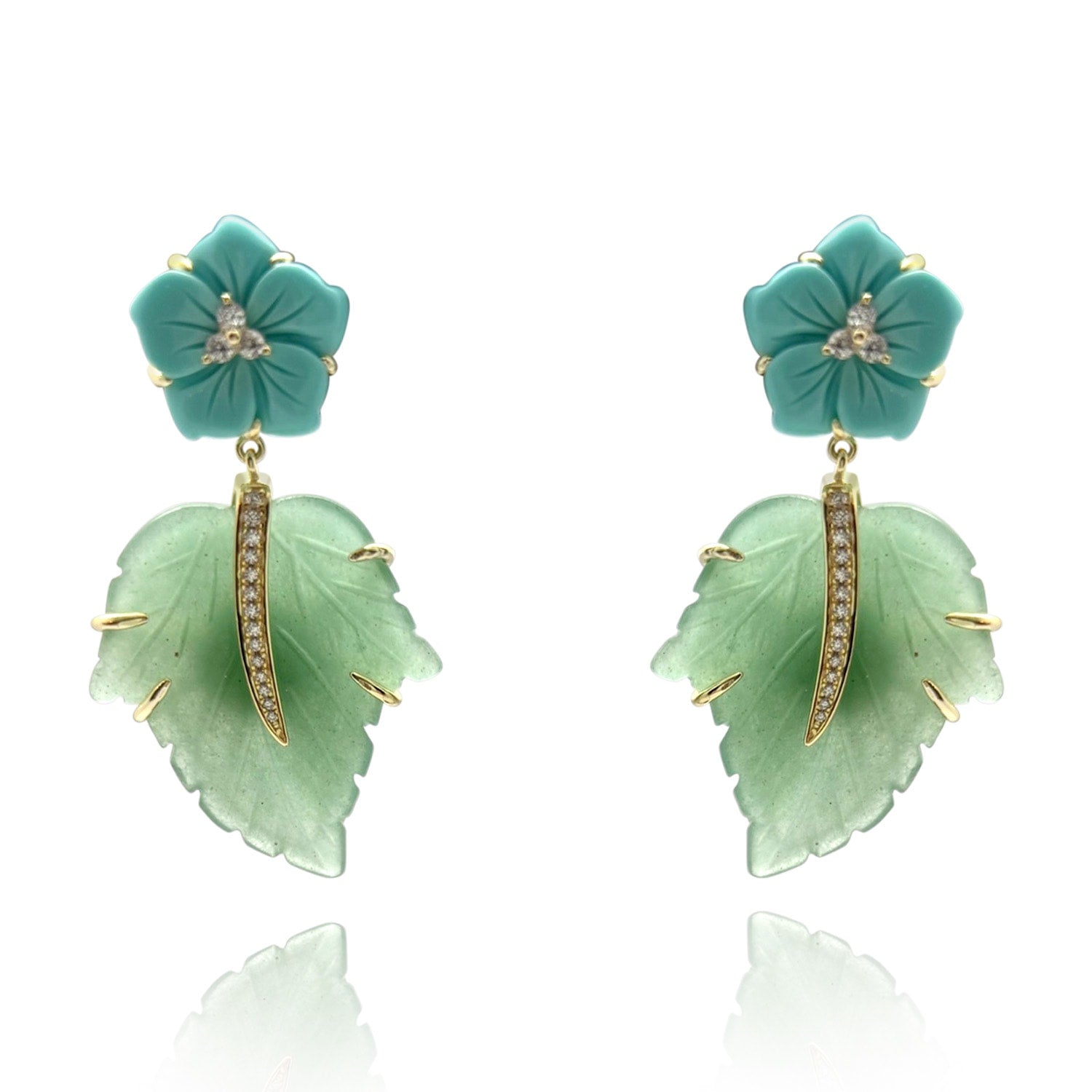 Turquoise Flower Earrings With Jade Leaf Drop