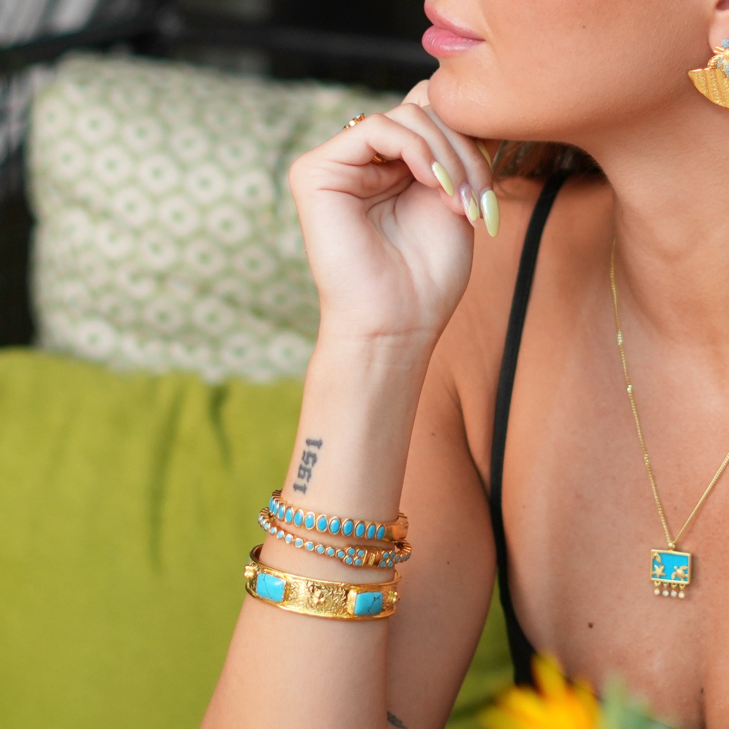 Turquoise Gemstone & Gold Dainty Bangle Bracelet - Blue