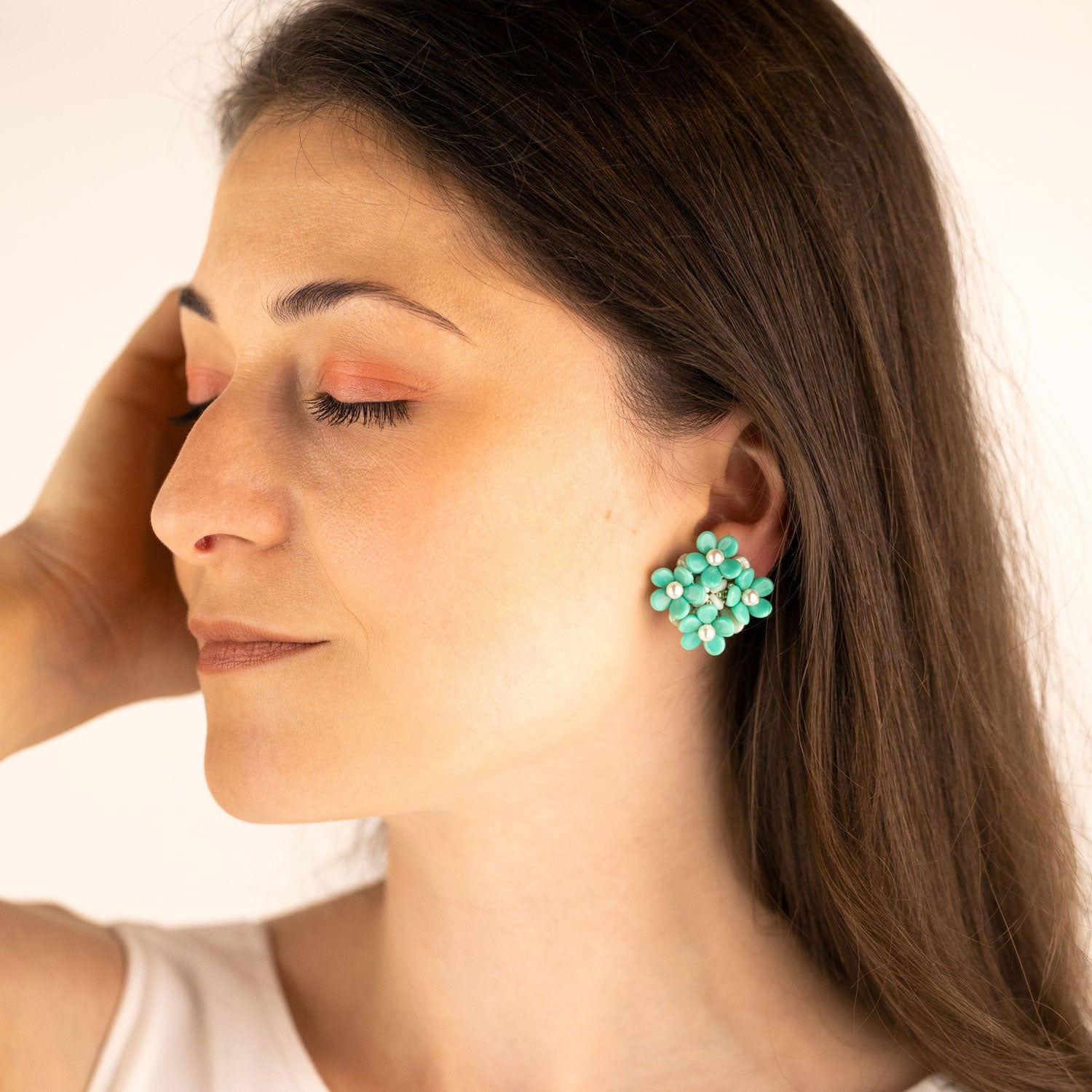 Turquoise Glass Beads Sterling Silver Studs Flower Earrings