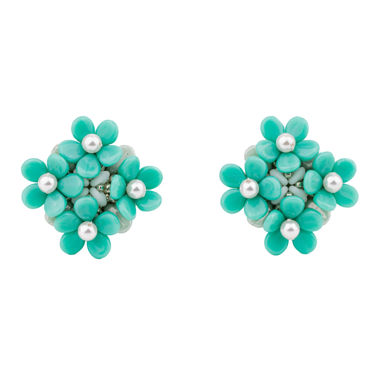 Turquoise Glass Beads Sterling Silver Studs Flower Earrings