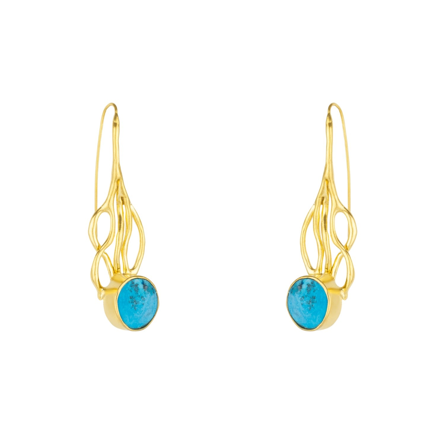 Turquoise Gold Grain Wavy Drop Earrings