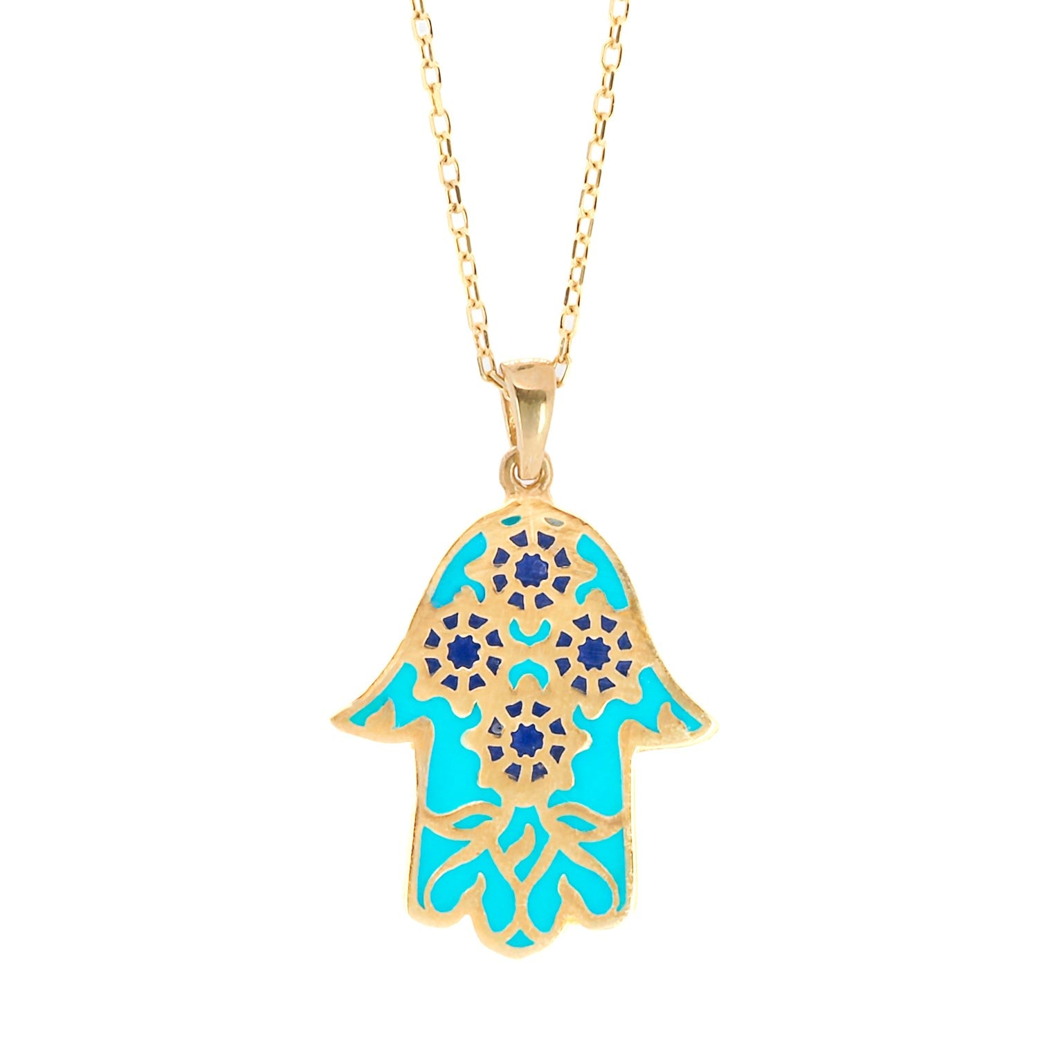 Floral Hamsa Hand Pendant Turquoise & Gold Necklace - Turquoise