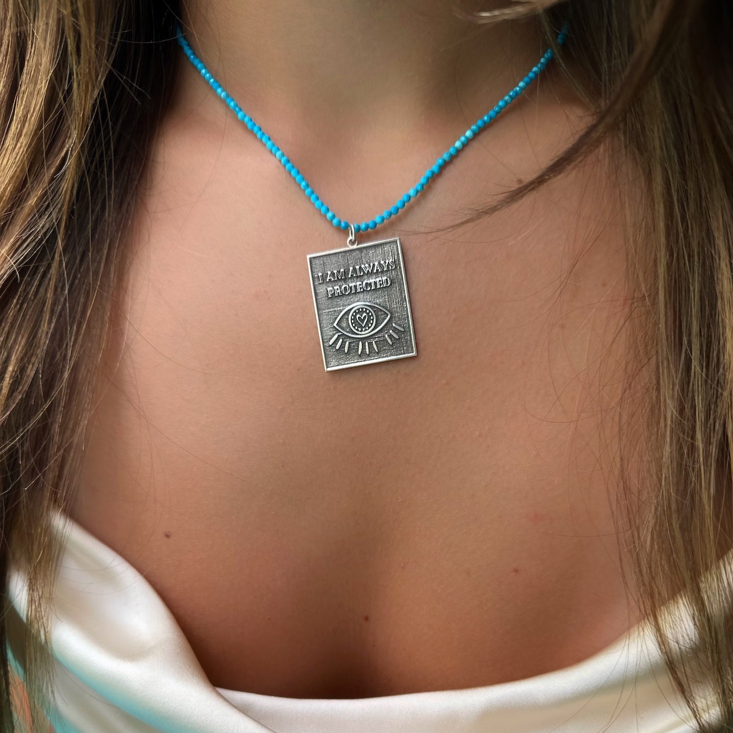 Sterling Silver I Am Always Protected Pendant Turquoise Stone Beaded Necklace - Blue