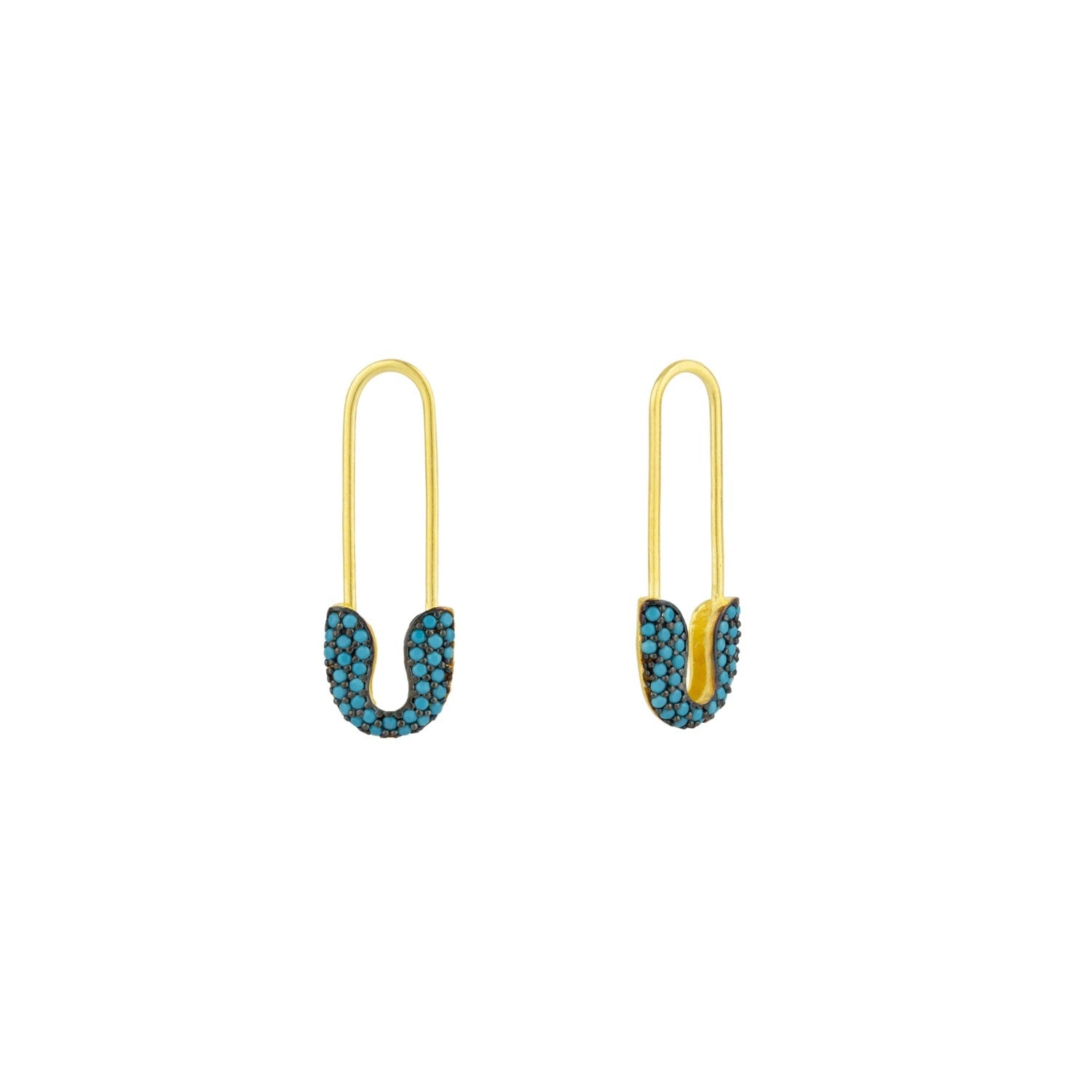 Turquoise Pave Safety Pin Earring Jewelled Sterling Silver - Gold
