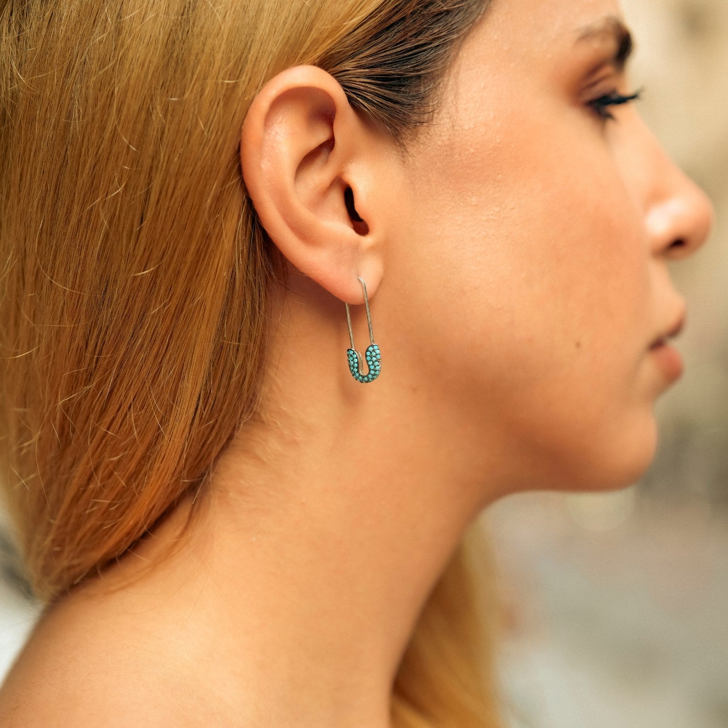 Turquoise Pave Safety Pin Earring Jewelled Sterling Silver