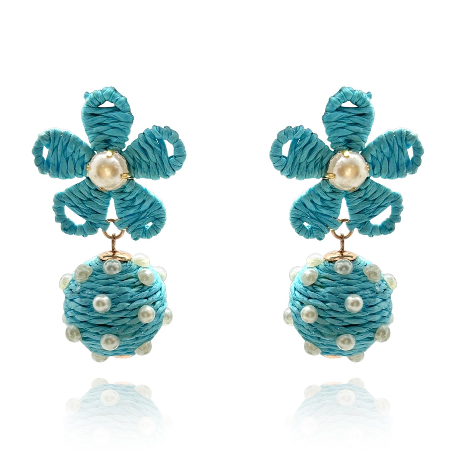 Turquoise Rattan Floral Earrings With Pearl Studded Drops