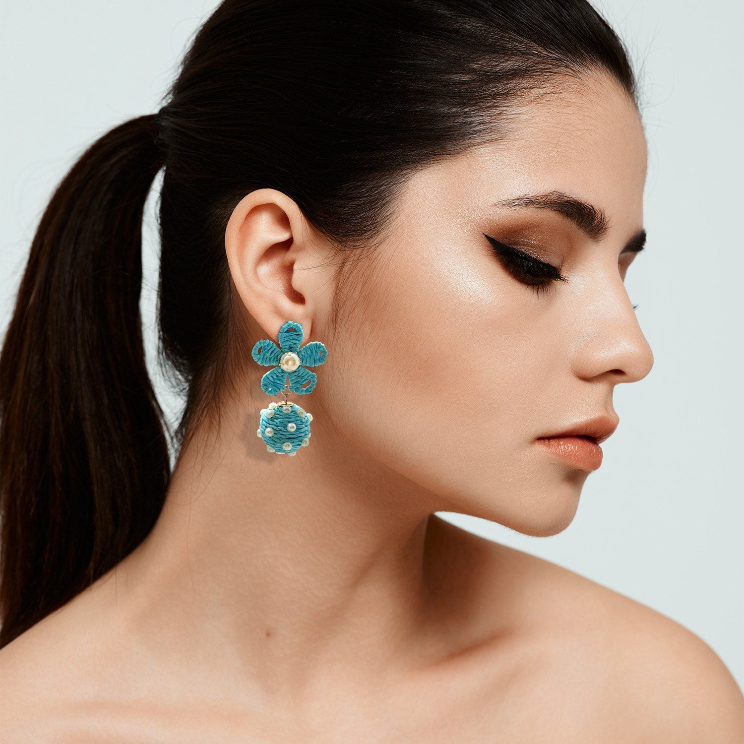 Turquoise Rattan Floral Earrings With Pearl Studded Drops